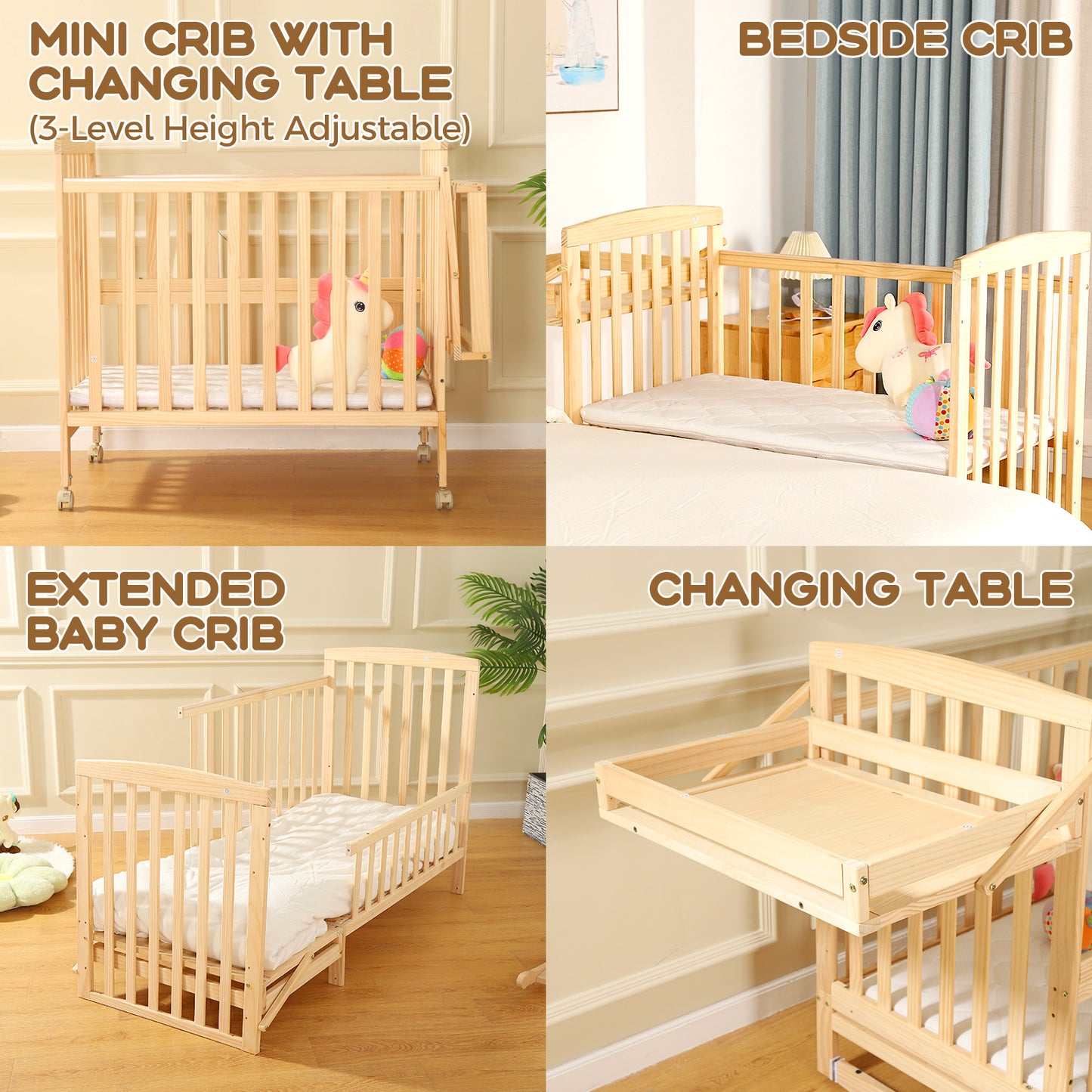 FUNLIO Mini Baby Crib, Paint-Free Pine Wood Crib