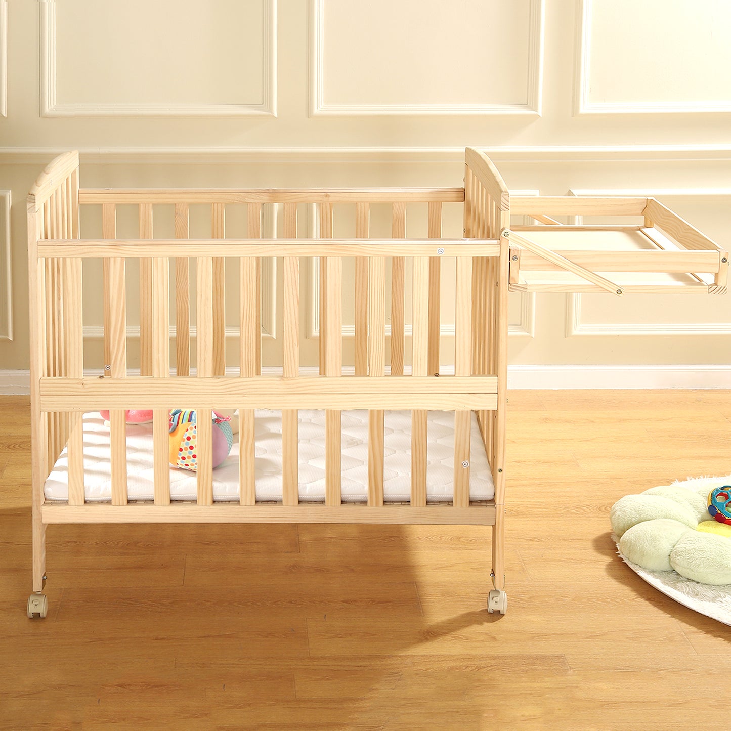 FUNLIO Mini Baby Crib, Paint-Free Pine Wood Crib