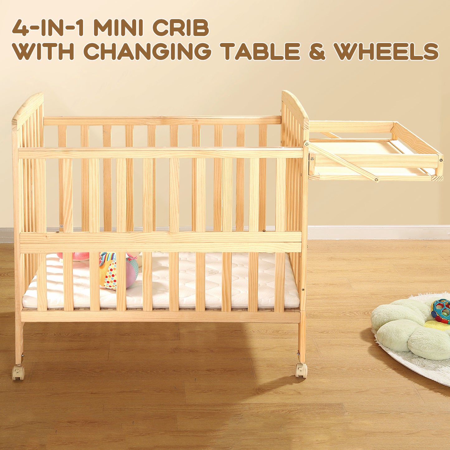 FUNLIO Mini Baby Crib, Paint-Free Pine Wood Crib
