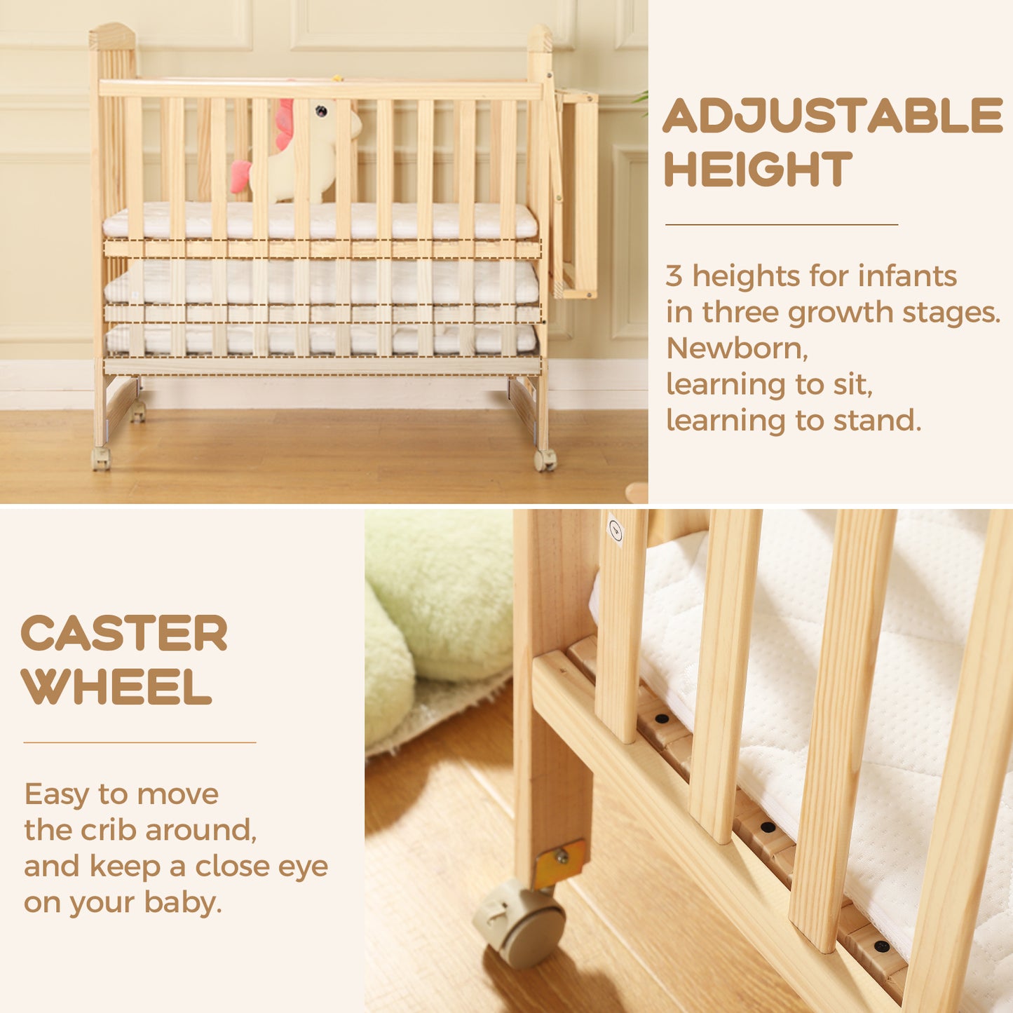 FUNLIO Mini Baby Crib, Paint-Free Pine Wood Crib