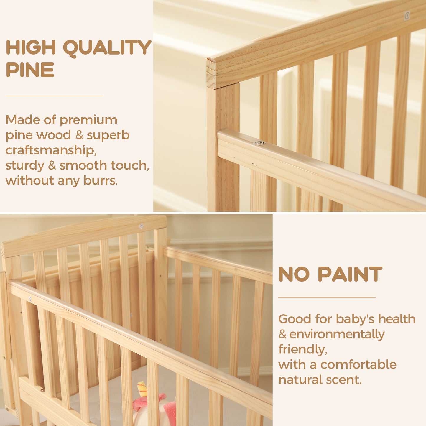 FUNLIO Mini Baby Crib, Paint-Free Pine Wood Crib