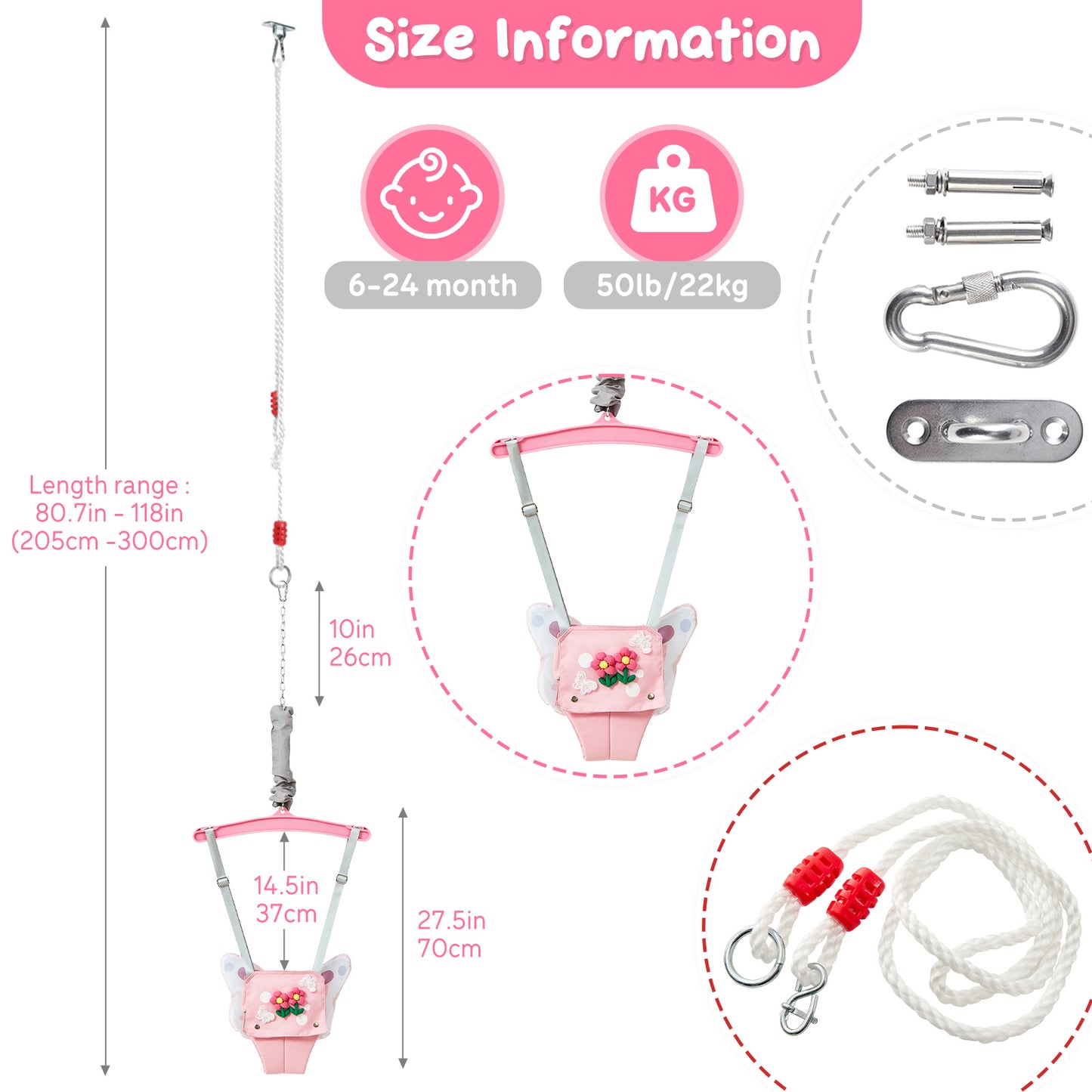 FUNLIO Baby Jumper with a Ceiling Hook for 6-24 Months, Baby Door Jumper for Indoor/Outdoor Play, Jumper Doorway with Adjustable Chain, Easy to Assemble & Store (with a Ceiling Hook) - Pink Butterfly