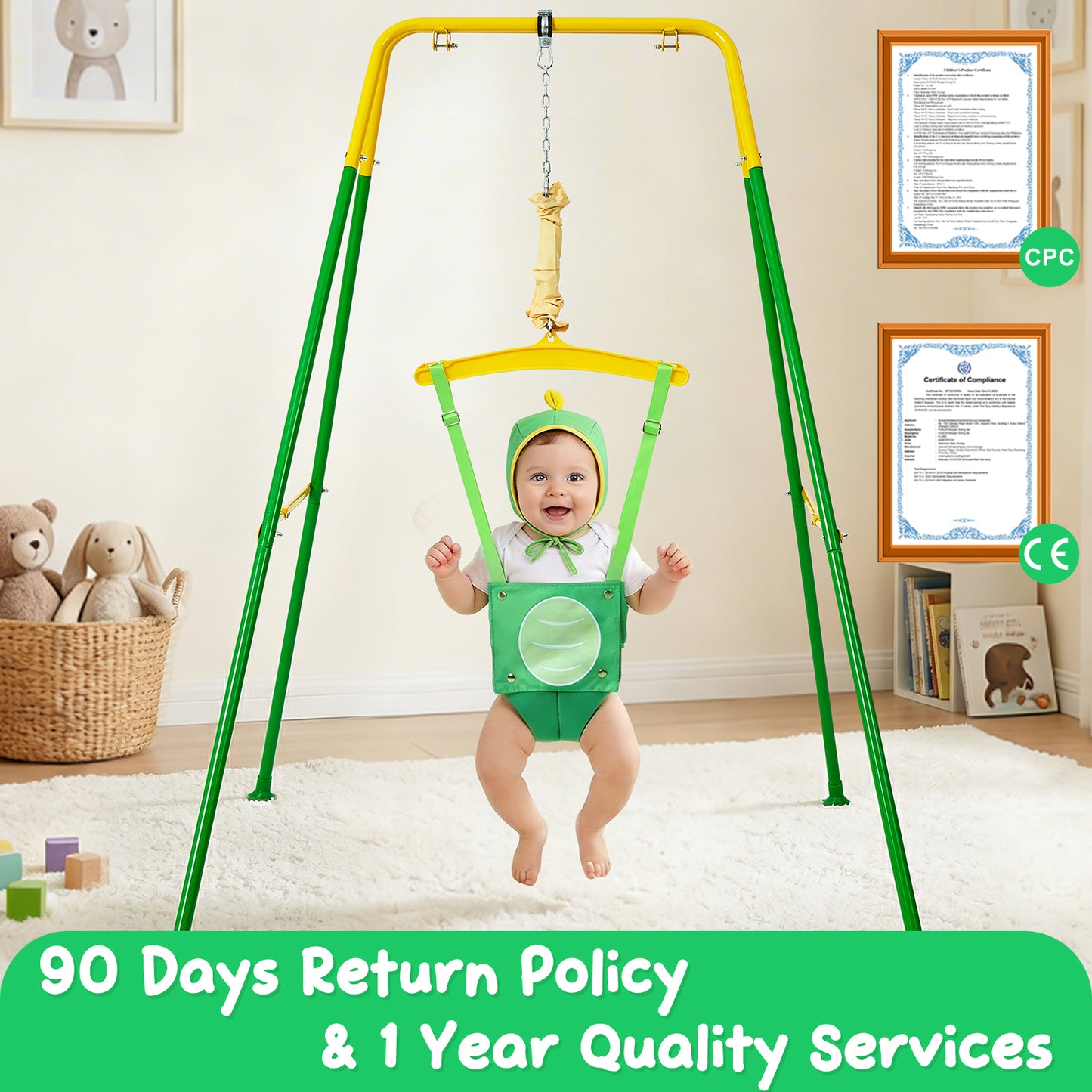 FUNLIO Baby Jumper with Stand for 6-24 Months, Infant Jumper for Indoor/Outdoor Play, Toddler Jumper for Baby Girl/Boy, with Adjustable Chain, Easy to Assemble & Store (with Stand) - Green Dinosaur