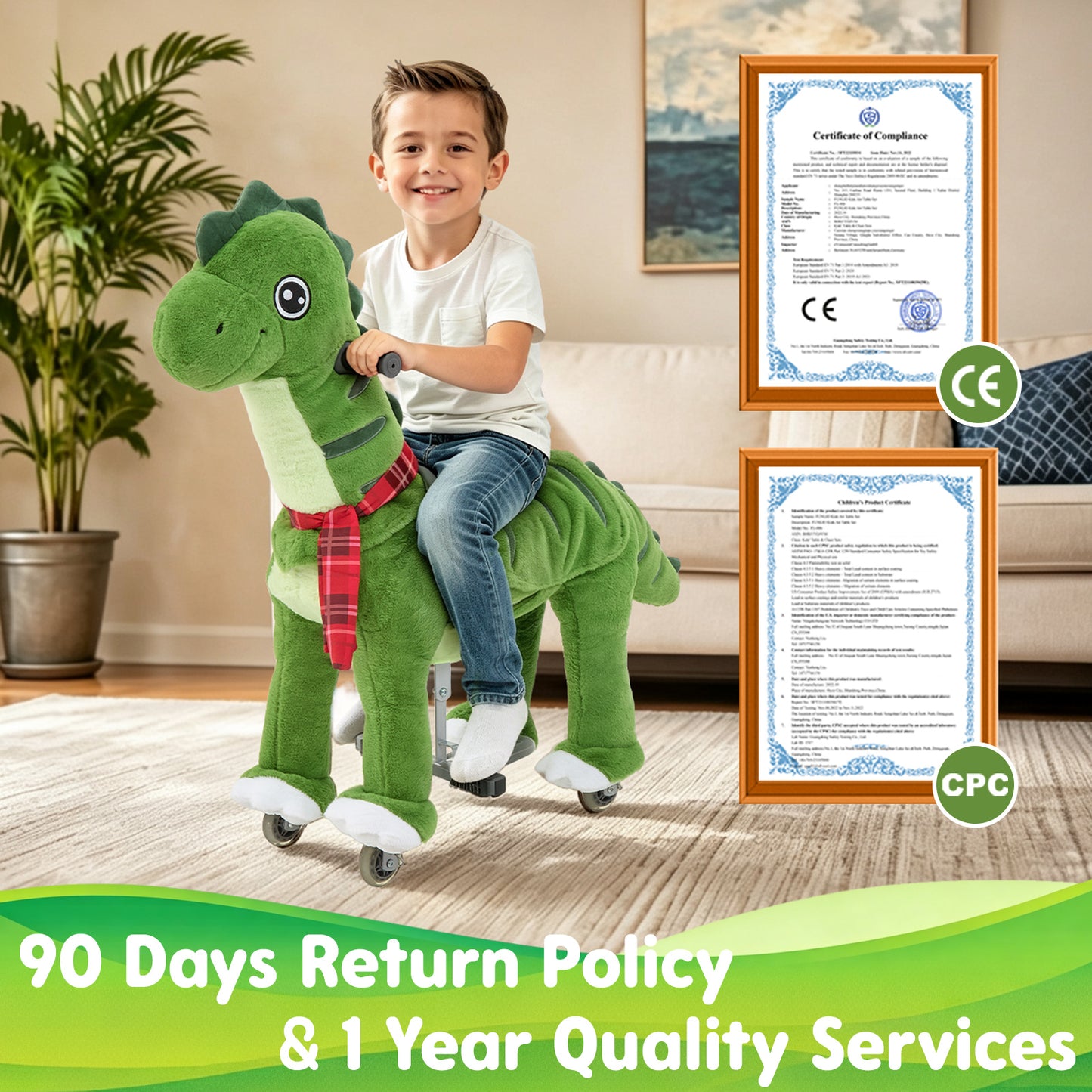 FUNLIO Ride on Dinosaur Horse for Kids 5-12, Plush Ride-On Toys with Wheels for Indoor & Outdoor Play, Easy to Assemble, CPC & CE Certified-Large