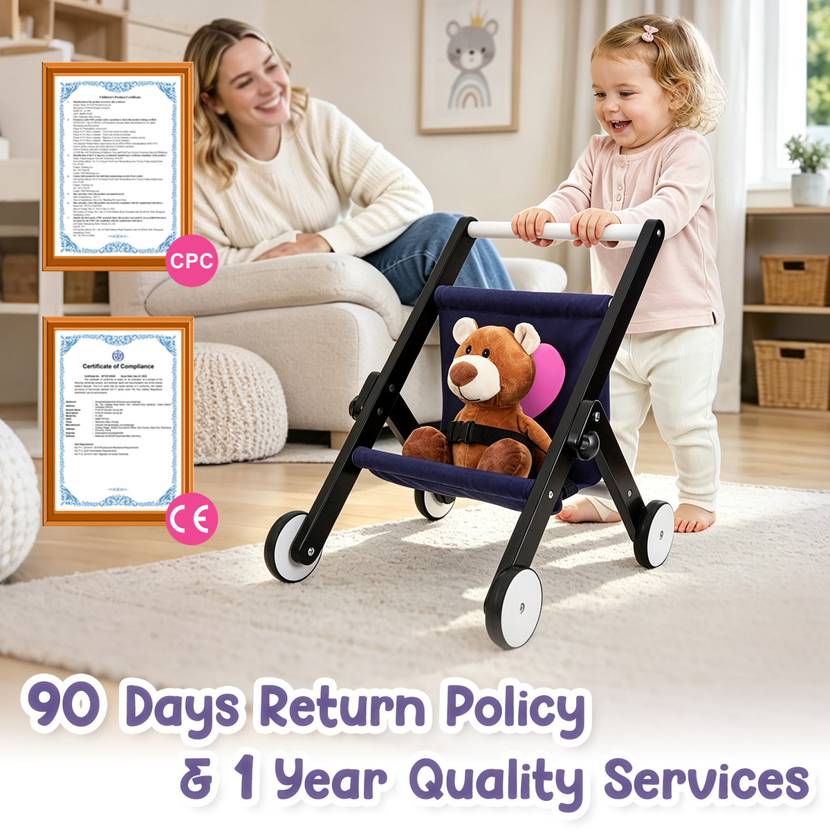 FUNLIO Wooden Doll Stroller for Toddlers 12 Months+,Black