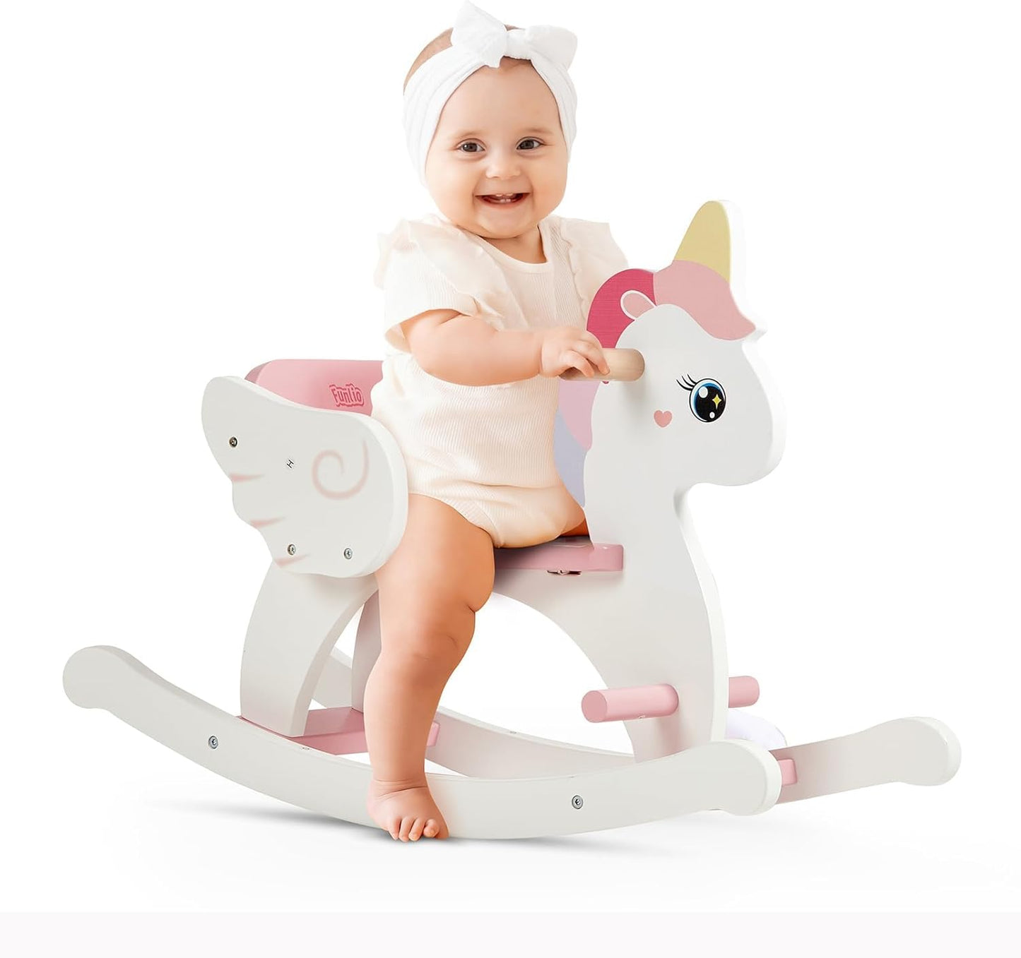FUNLIO Cavallo a dondolo in legno a forma di unicorno, età 0,5-3 anni, grazioso cavallo a dondolo per bambini con cintura di sicurezza e schienale, facile da montare, giocattolo da cavalcare per bambini, certificato CPC e CE - Rosa