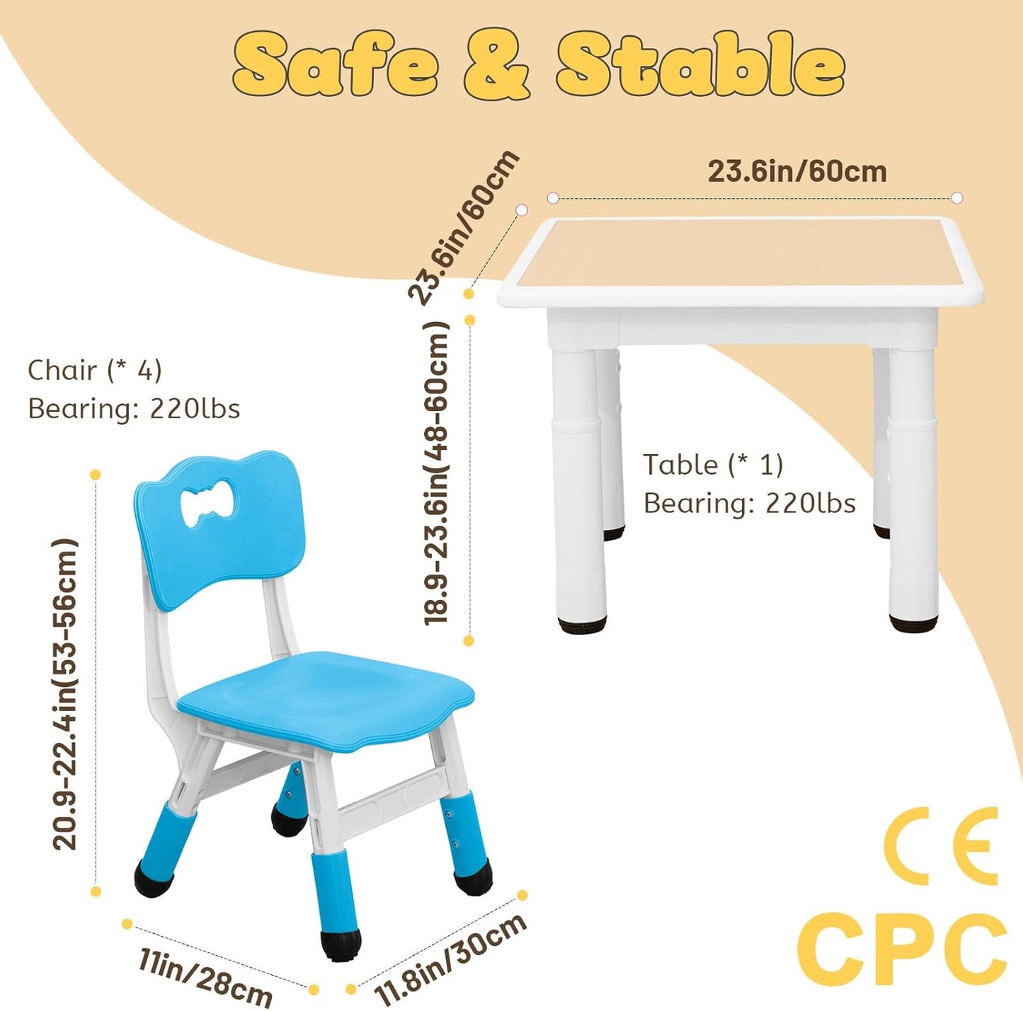 FUNLIO Set tavolo e 4 sedie per bambini dai 3 agli 8 anni, tavolo e sedie regolabili in altezza, tavolo per attività artistiche e artigianali facile da pulire, per aule/case/asili nido, approvato CPC e CE (set da 5 pezzi) - Multicolore