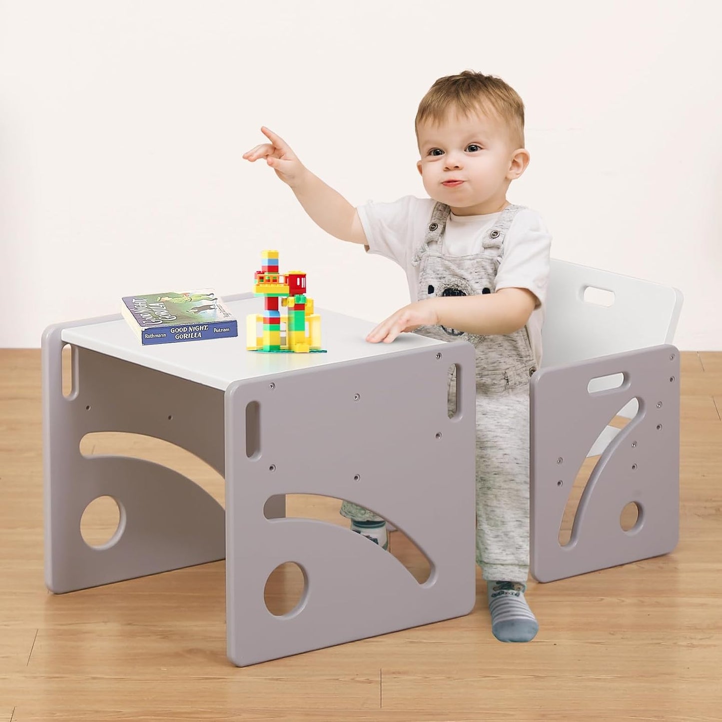 FUNLIO Set tavolo e sedia per bambini da 1 a 3 anni, regolabile in altezza, in legno massello di qualità Montessori, per lo svezzamento, facile da montare, certificato CPC - Grigio