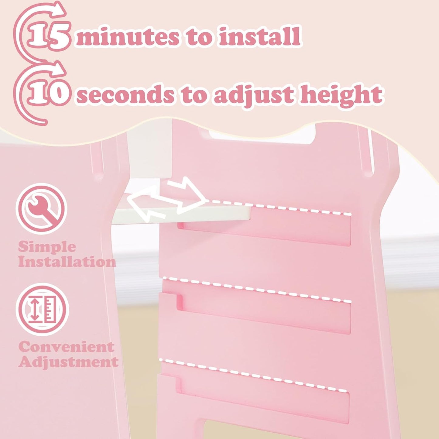 Torre per bambini FUNLIO con rete di sicurezza, sgabello da cucina per bambini, sgabello regolabile in altezza a 3 livelli, torre Montessori per bambini, facile da montare, approvato CPC - Rosa