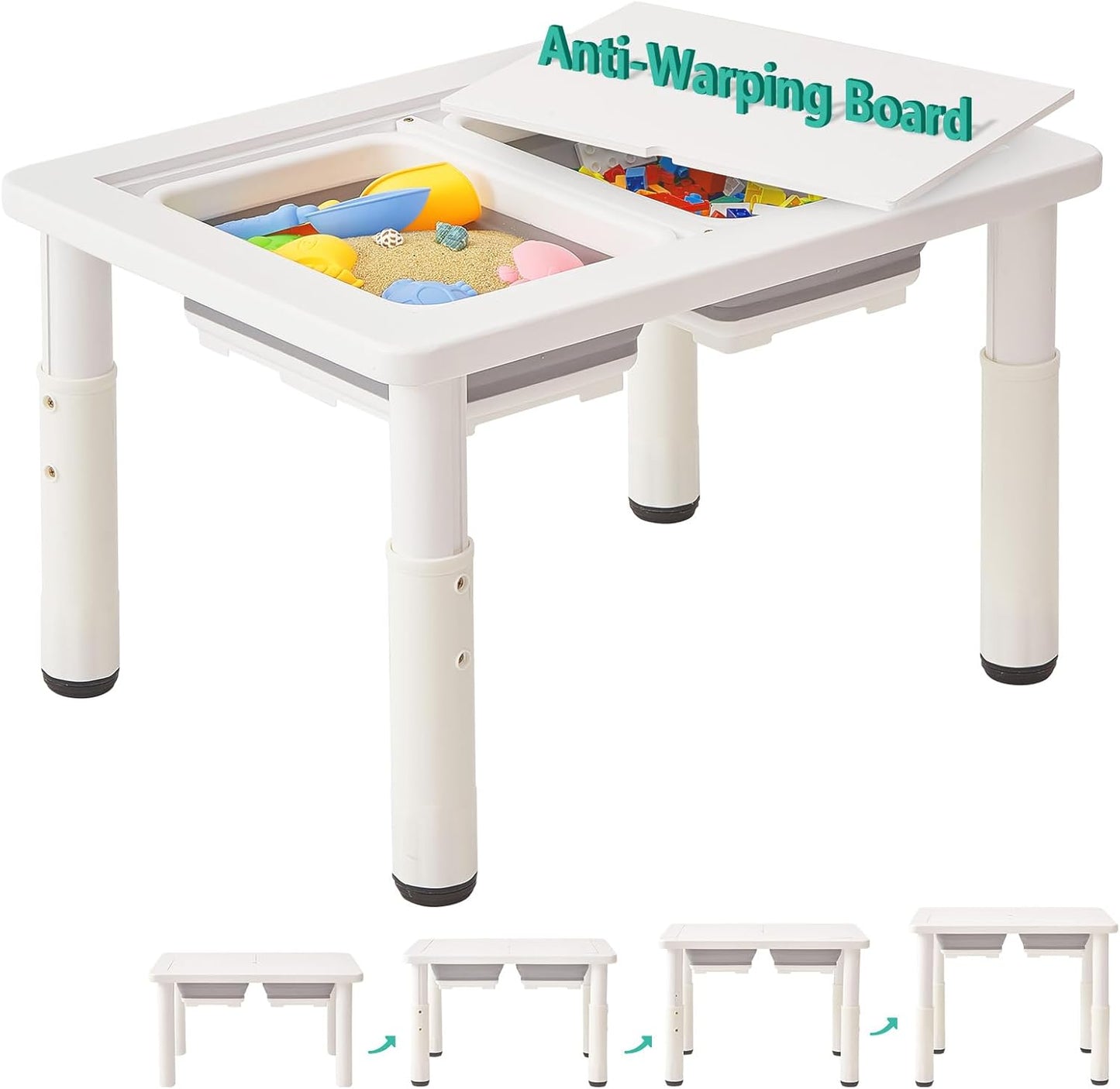 FUNLIO Wooden Sensory Table with 2 Bins for Toddlers 1-5, 4-Level Height Adjustable Kids Sensory Table with Anti-Warping Plywood Lid, Indoor/Outdoor Play Sand and Water Table, CPC Certified, White