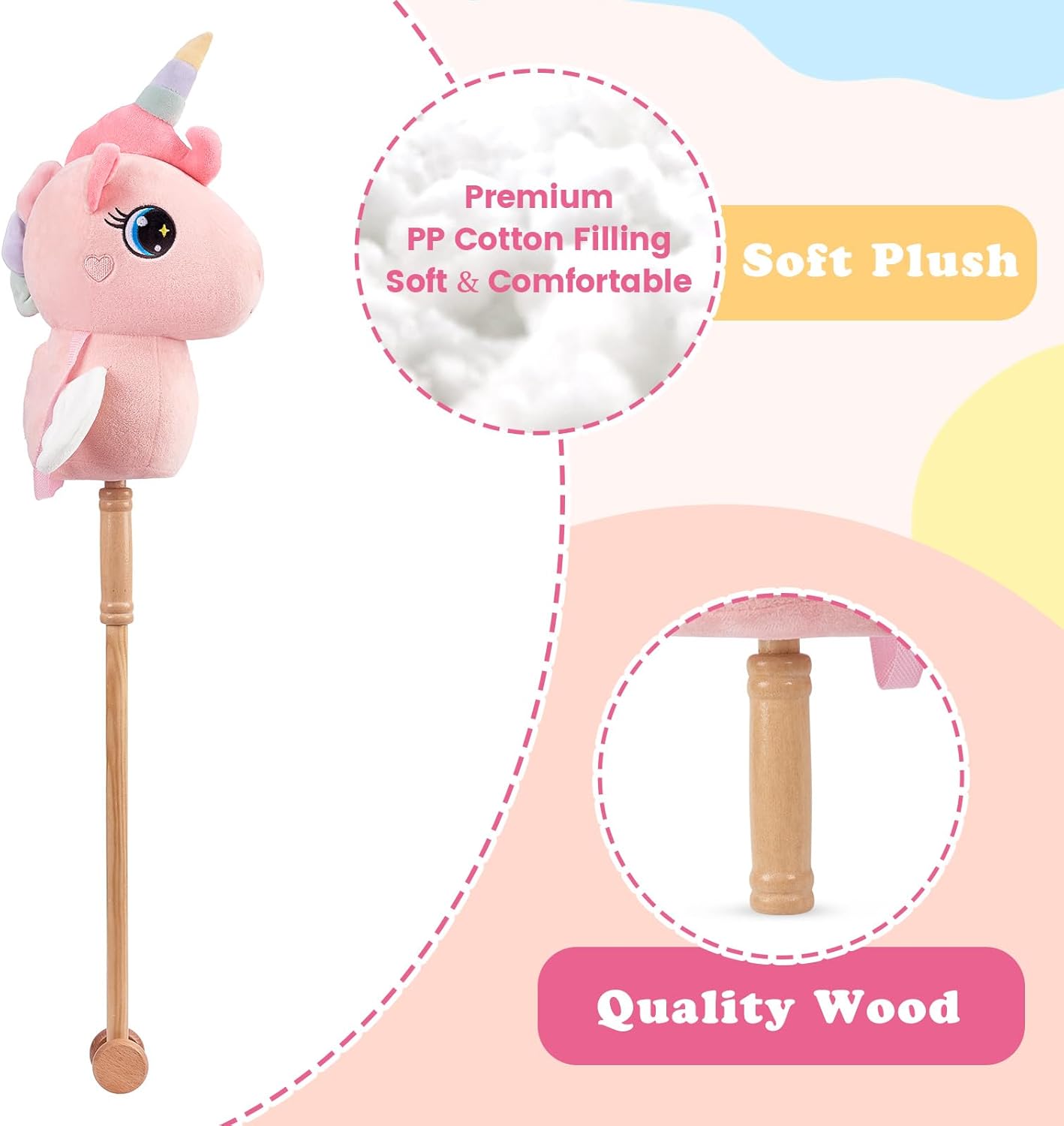 FUNLIO Unicorn Stick Horse for Kids 3+, Rainbow Fairy Hobby Horse with Soft Plush & Wood Wheels, Neighing and Galloping Sound for Pretend Play & Creativity, Horse Toys Gift, CPC & CE Certified - Pink