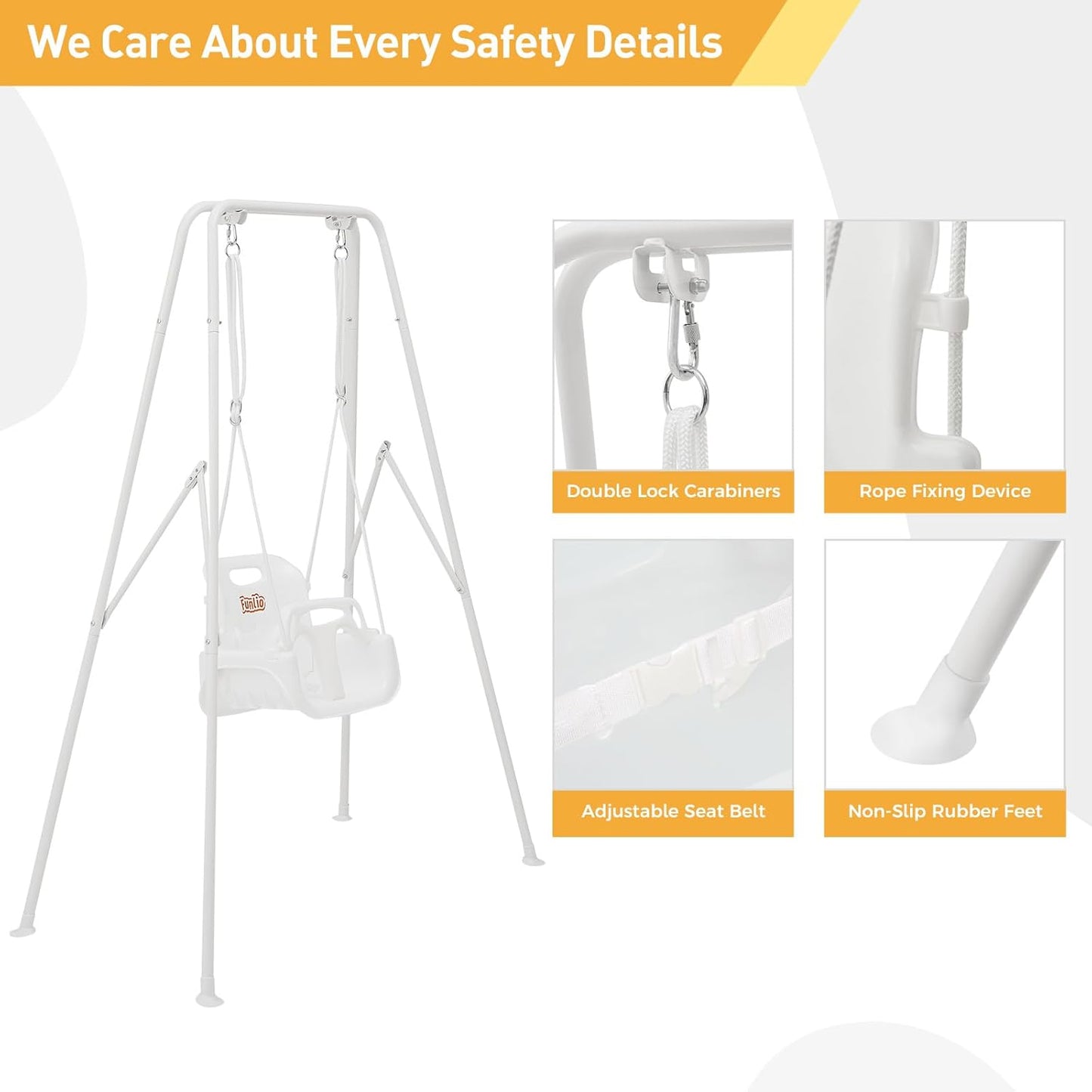 FUNLIO 3-in-1 Toddler Swing Set with 4 Sandbags, Indoor/Outdoor Baby Swing with Foldable Metal Stand, Kids Swing Set for Backyard, Clear Instructions, Easy to Assemble & Store, White