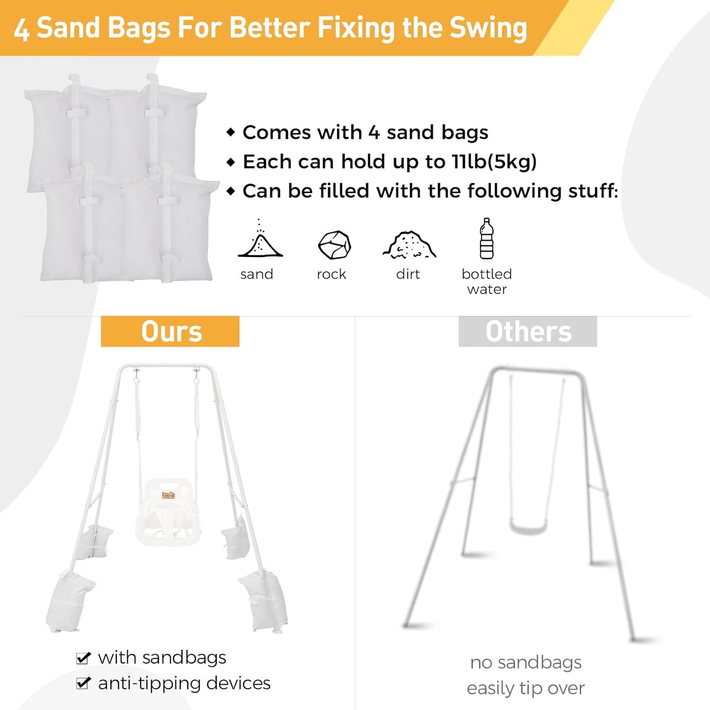 FUNLIO 3-in-1 Toddler Swing Set with 4 Sandbags, Indoor/Outdoor Baby Swing with Foldable Metal Stand, Kids Swing Set for Backyard, Clear Instructions, Easy to Assemble & Store, White