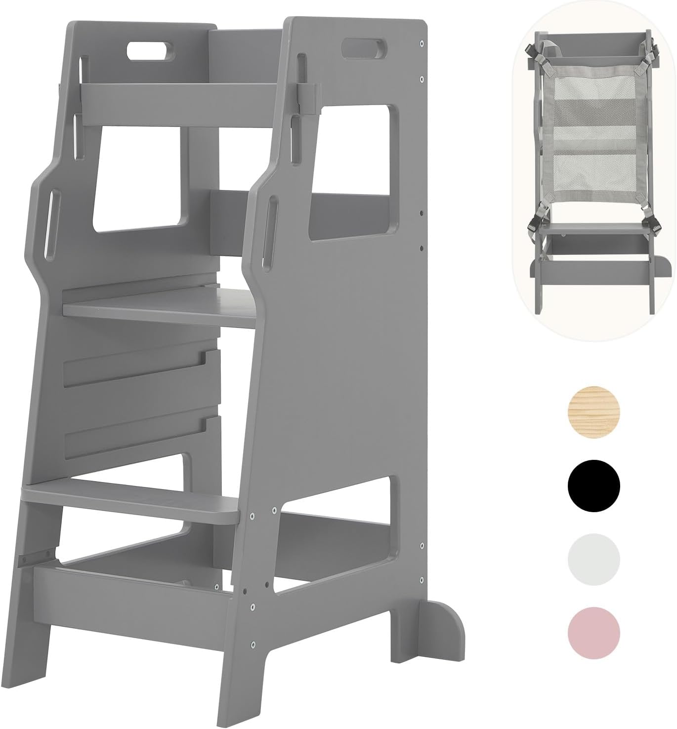 FUNLIO - Torre per bambini con rete di sicurezza, sgabello da cucina per bambini, sgabello regolabile in altezza a 3 livelli, torre Montessori per bambini, facile da montare, approvato CPC - Grigio