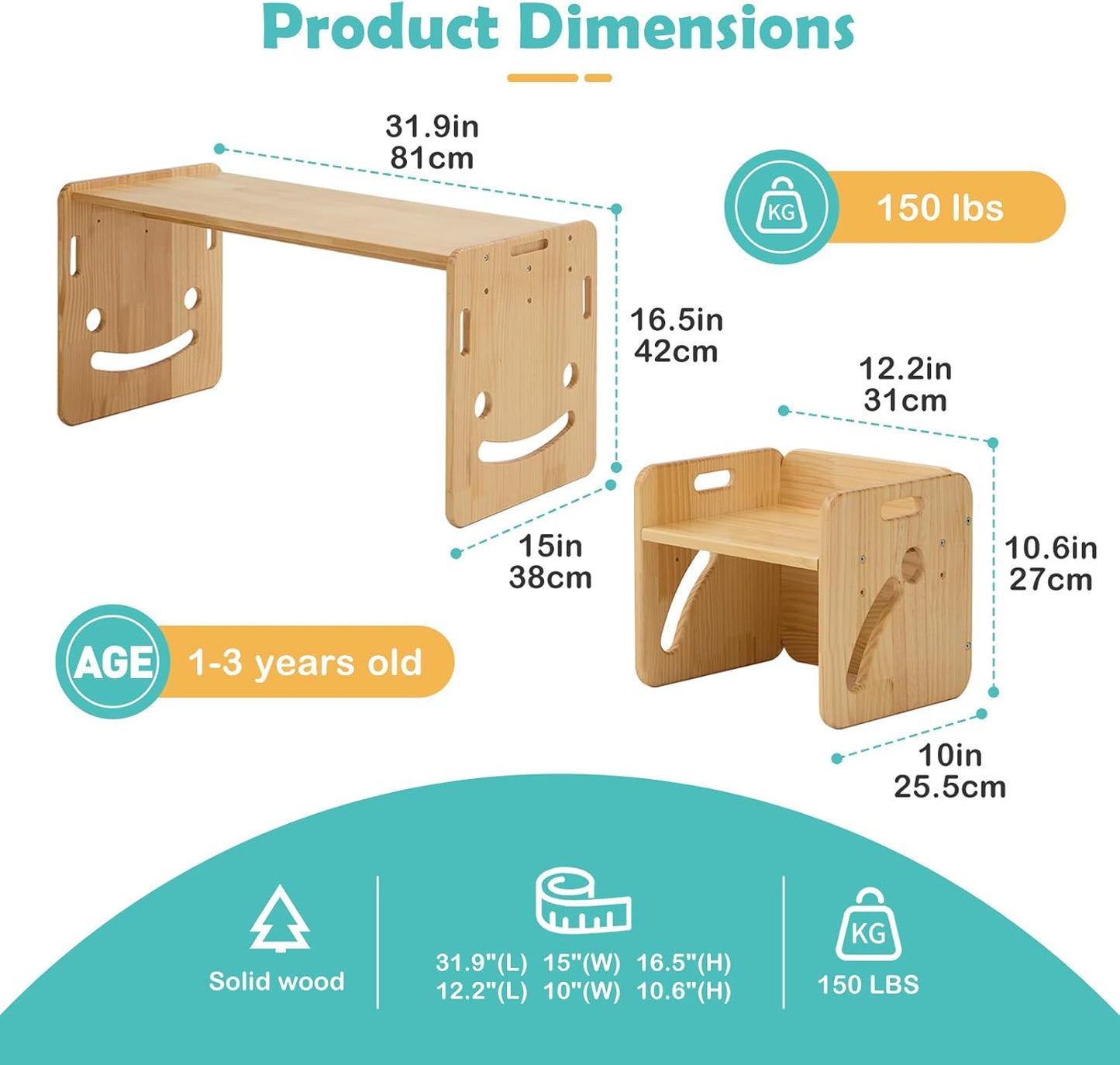 FUNLIO Set tavolo e sedie per bambini da 1 a 3 anni, regolabile in altezza, in legno massello di qualità, con 2 sedie Montessori, per leggere/mangiare/giocare, certificato CPC (set da 3 pezzi)