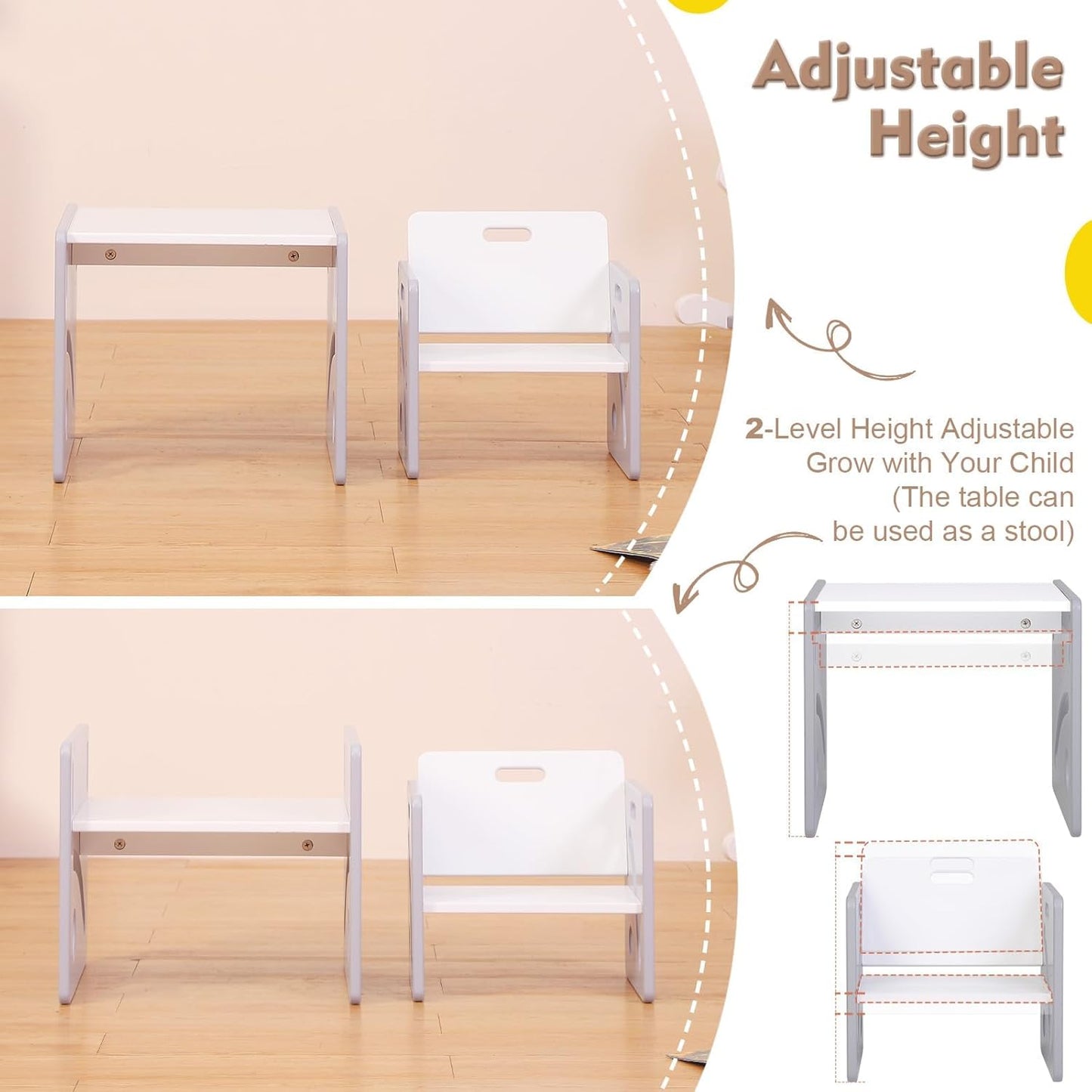 FUNLIO Set tavolo e sedia per bambini da 1 a 3 anni, regolabile in altezza, in legno massello di qualità Montessori, per lo svezzamento, facile da montare, certificato CPC - Grigio
