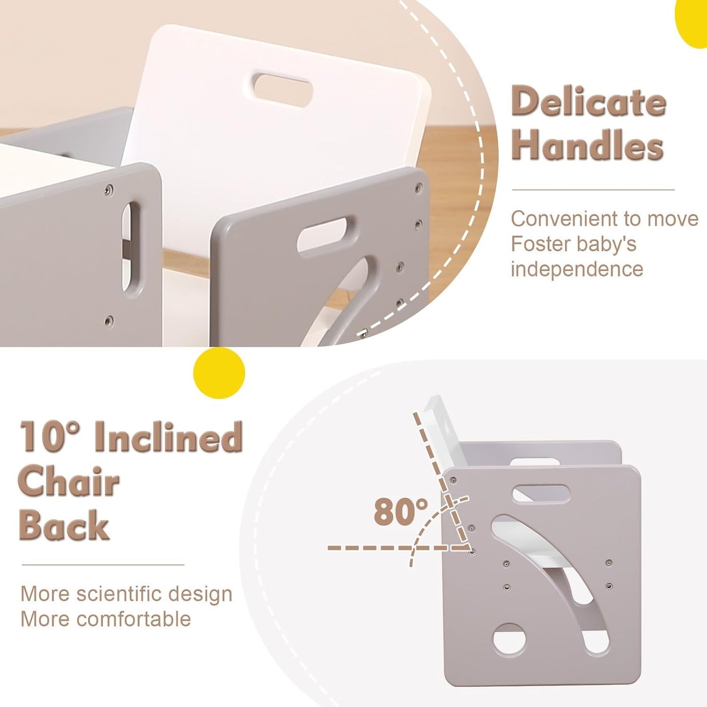 FUNLIO Set tavolo e sedia per bambini da 1 a 3 anni, regolabile in altezza, in legno massello di qualità Montessori, per lo svezzamento, facile da montare, certificato CPC - Grigio