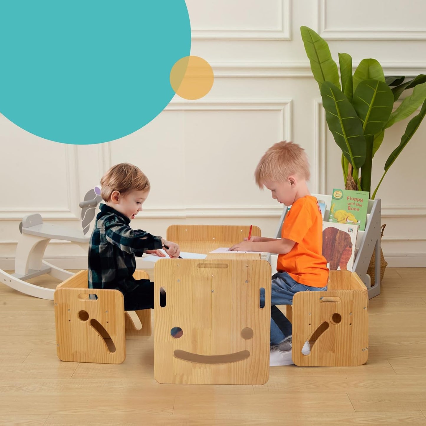 FUNLIO Set tavolo e sedie per bambini da 1 a 3 anni, regolabile in altezza, in legno massello di qualità, con 2 sedie Montessori, per leggere/mangiare/giocare, certificato CPC (set da 3 pezzi)