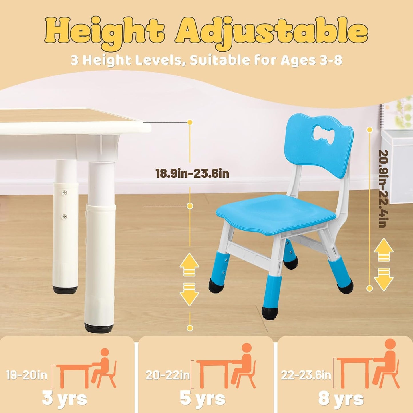 FUNLIO Set tavolo e 4 sedie per bambini dai 3 agli 8 anni, tavolo e sedie regolabili in altezza, tavolo per attività artistiche e artigianali facile da pulire, per aule/case/asili nido, approvato CPC e CE (set da 5 pezzi) - Multicolore