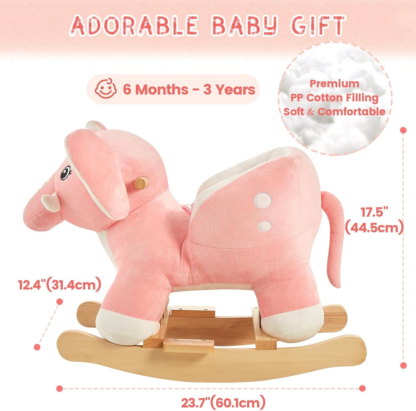 FUNLIO Elephant Baby Rocking Horse for Toddlers 6 Months to 3 Years - Pink