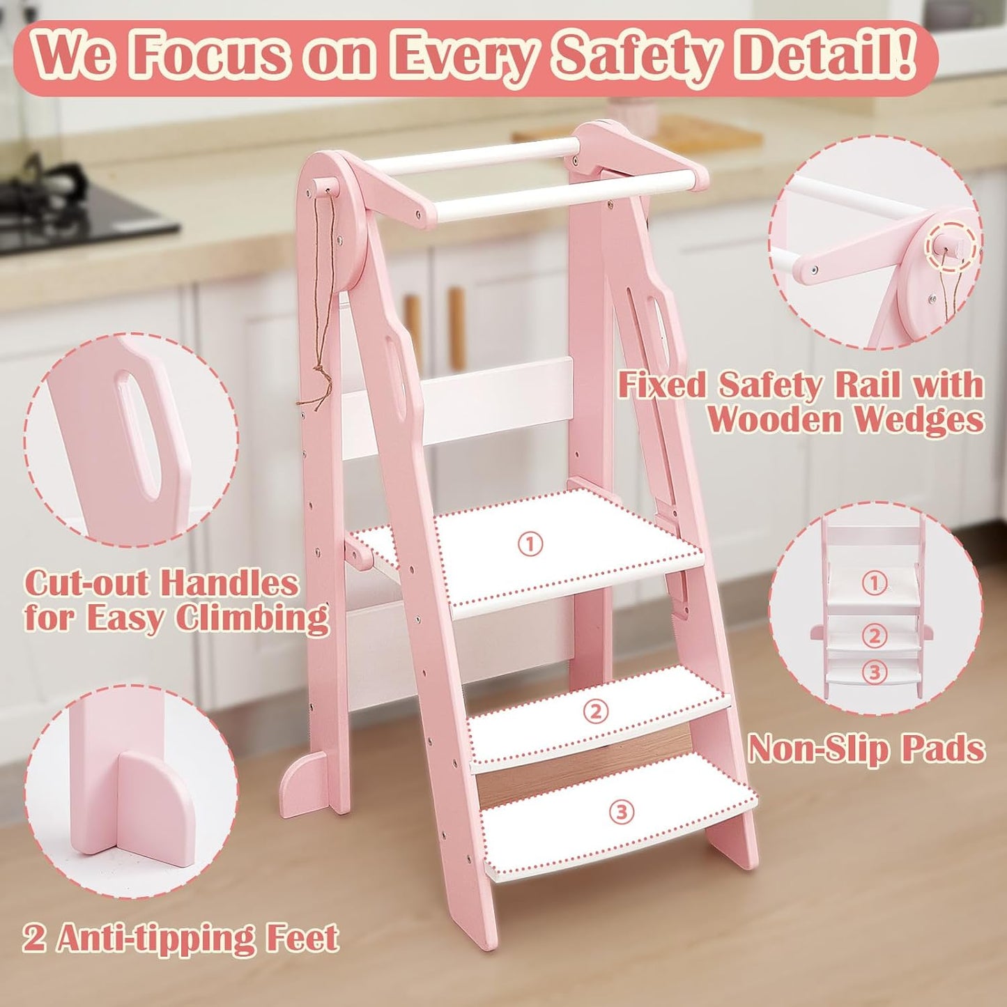 FUNLIO Foldable Kitchen Step Stool for Kids 2-6 Years, Pink