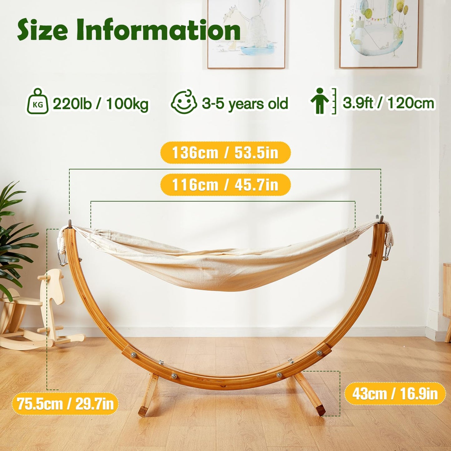 FUNLIO Wooden Hammock with Stand for Kids 3-5 Years