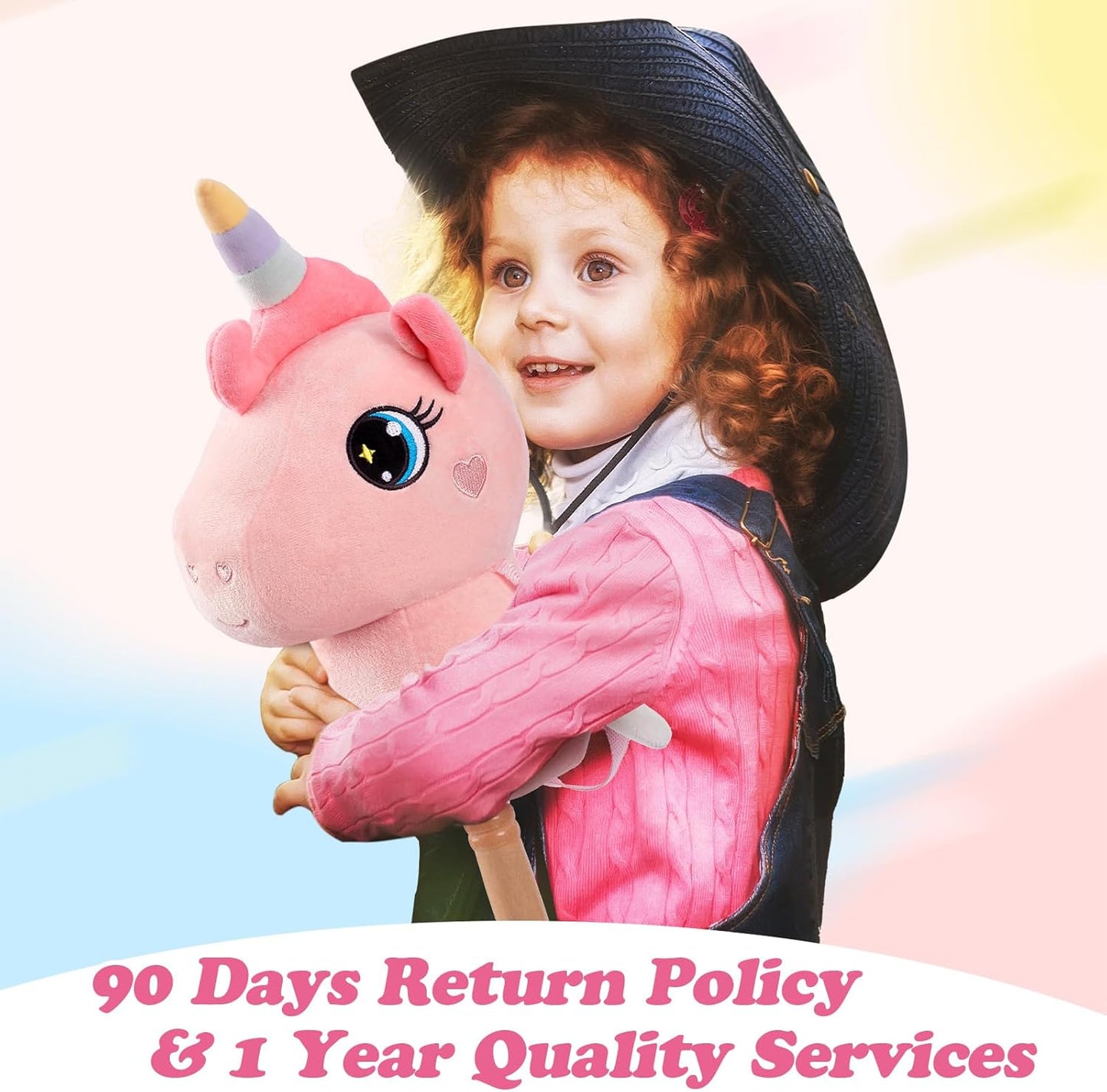 FUNLIO Unicorn Stick Horse for Kids 3+, Rainbow Fairy Hobby Horse with Soft Plush & Wood Wheels, Neighing and Galloping Sound for Pretend Play & Creativity, Horse Toys Gift, CPC & CE Certified - Pink