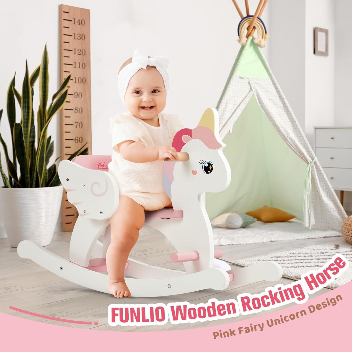 FUNLIO Cavallo a dondolo in legno a forma di unicorno, età 0,5-3 anni, grazioso cavallo a dondolo per bambini con cintura di sicurezza e schienale, facile da montare, giocattolo da cavalcare per bambini, certificato CPC e CE - Rosa