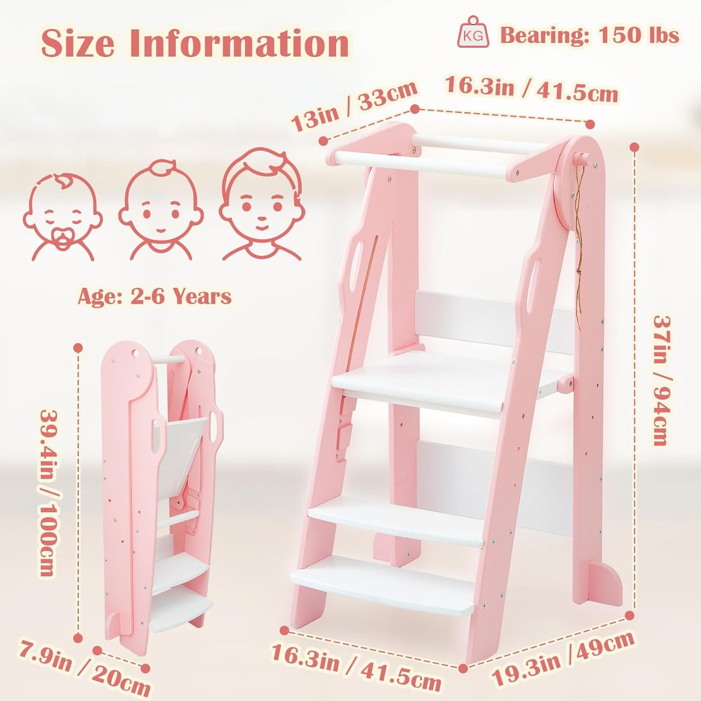FUNLIO Foldable Kitchen Step Stool for Kids 2-6 Years, Pink