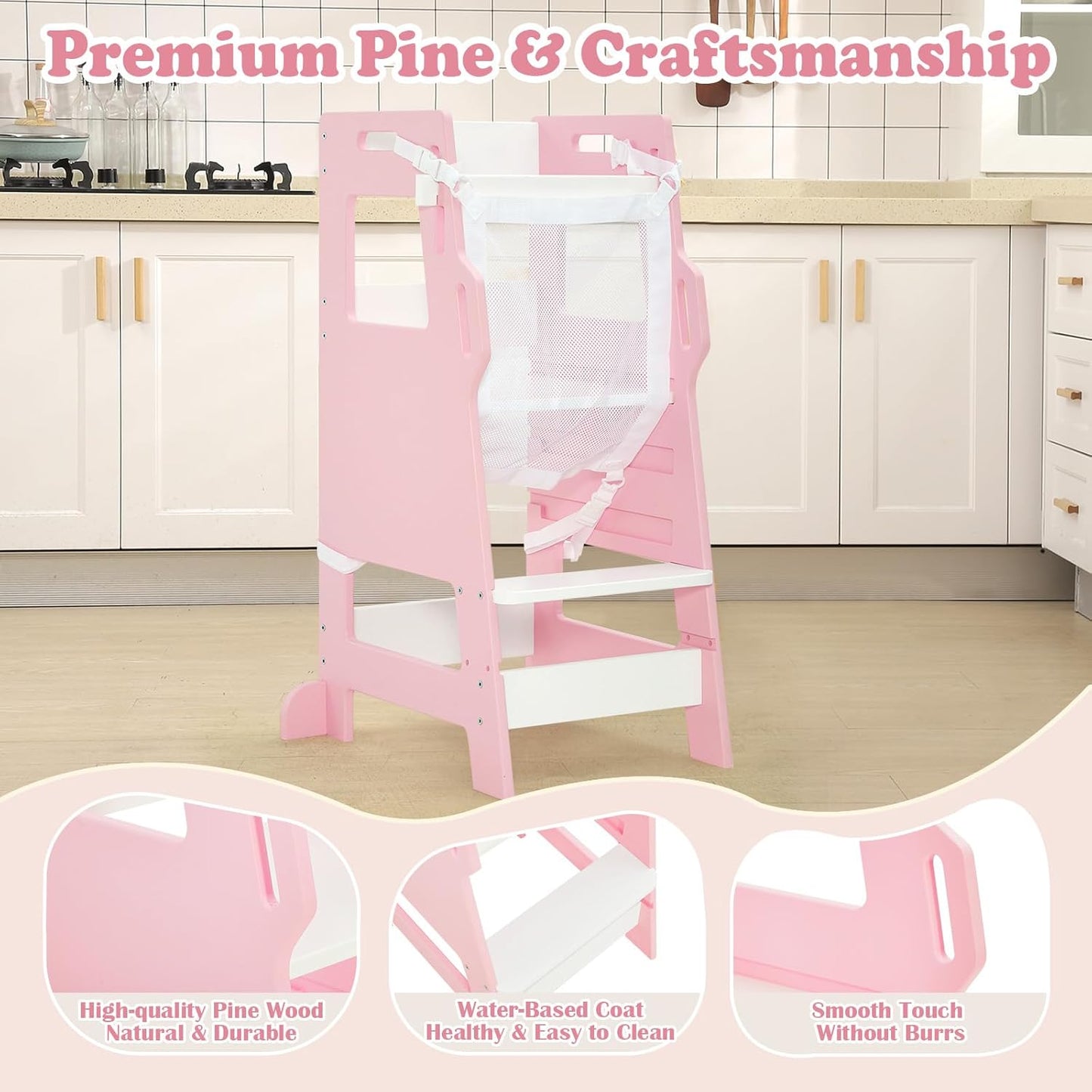 Torre per bambini FUNLIO con rete di sicurezza, sgabello da cucina per bambini, sgabello regolabile in altezza a 3 livelli, torre Montessori per bambini, facile da montare, approvato CPC - Rosa