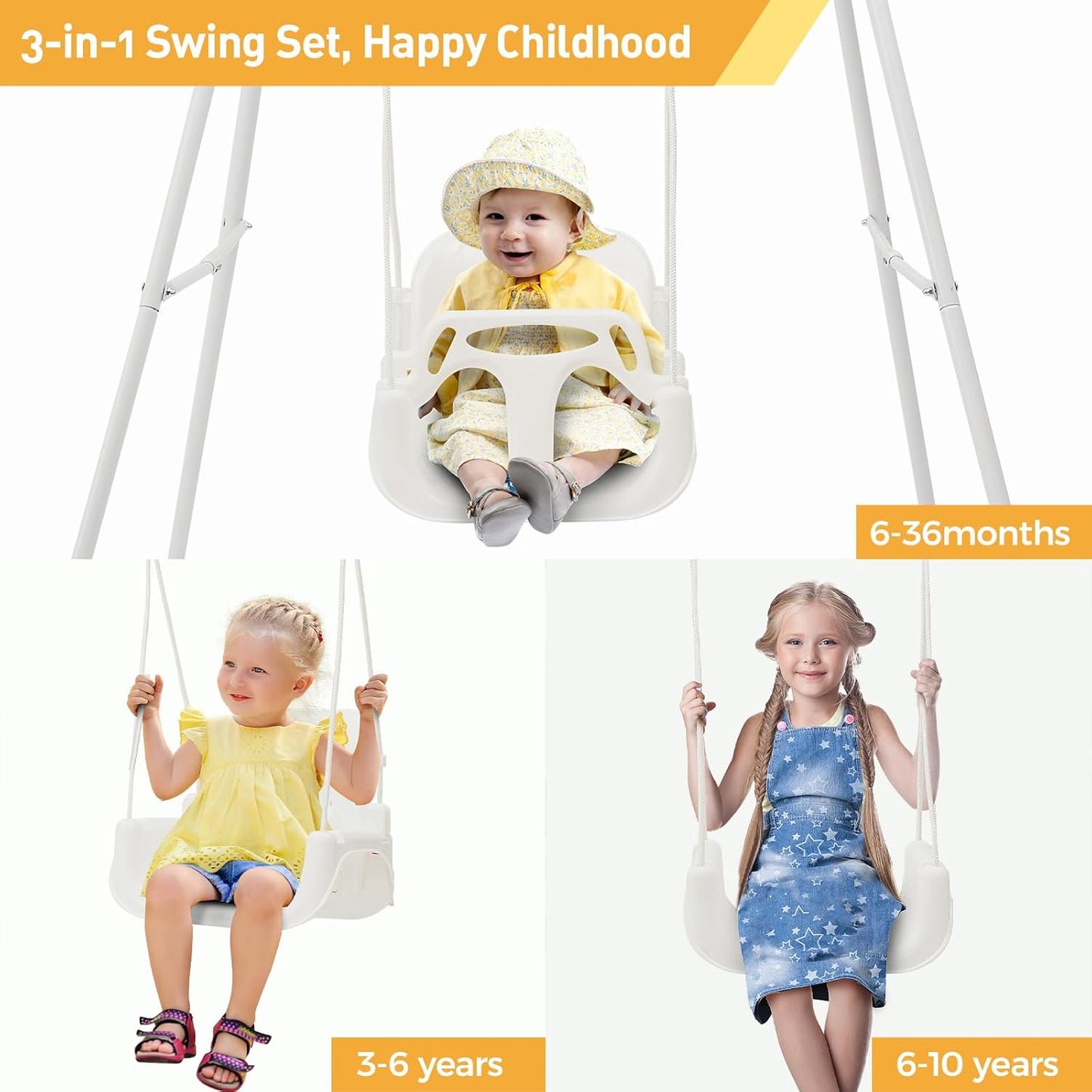 FUNLIO 3-in-1 Toddler Swing Set with 4 Sandbags, Indoor/Outdoor Baby Swing with Foldable Metal Stand, Kids Swing Set for Backyard, Clear Instructions, Easy to Assemble & Store, White