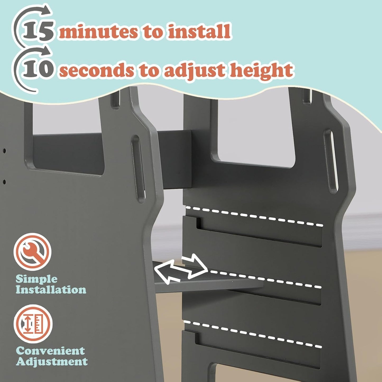 FUNLIO - Torre per bambini con rete di sicurezza, sgabello da cucina per bambini, sgabello regolabile in altezza a 3 livelli, torre Montessori per bambini, facile da montare, approvato CPC - Grigio