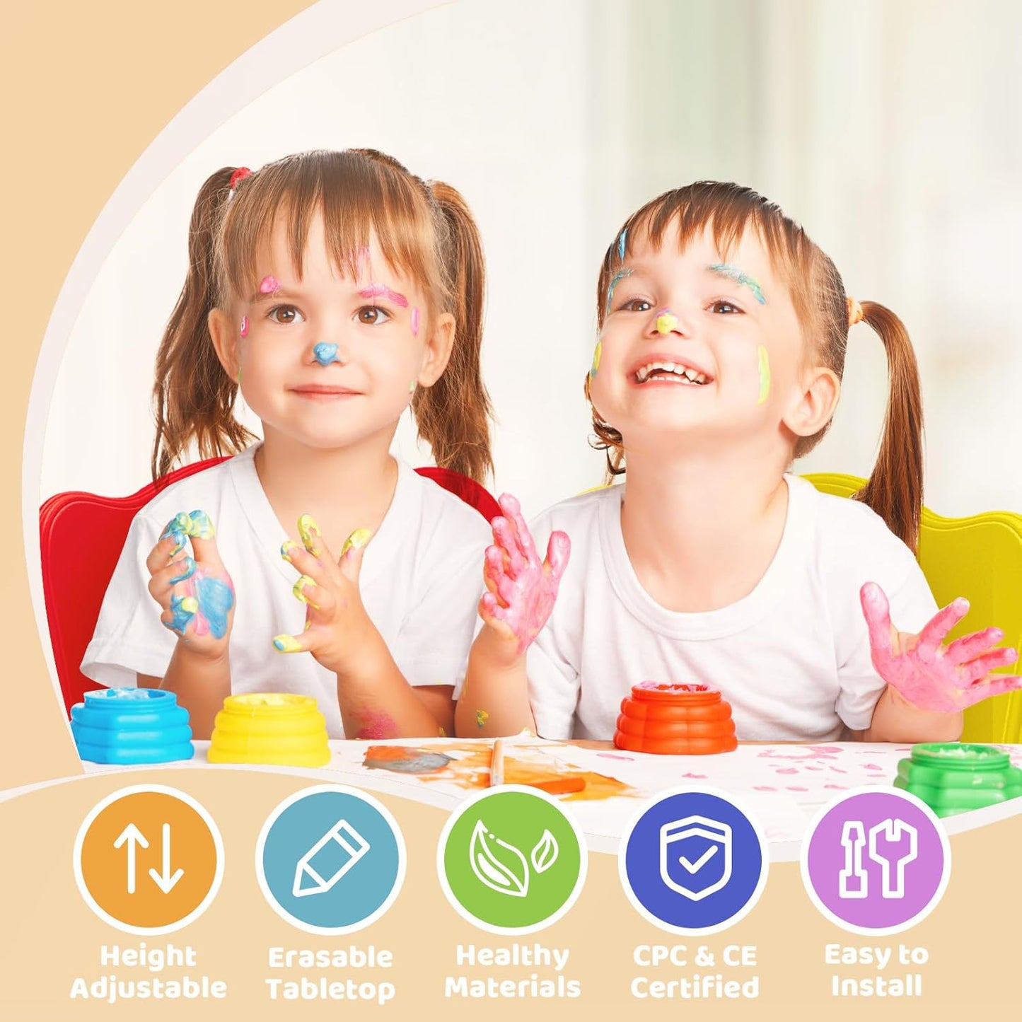 FUNLIO Set tavolo e 4 sedie per bambini dai 3 agli 8 anni, tavolo e sedie regolabili in altezza, tavolo per attività artistiche e artigianali facile da pulire, per aule/case/asili nido, approvato CPC e CE (set da 5 pezzi) - Multicolore