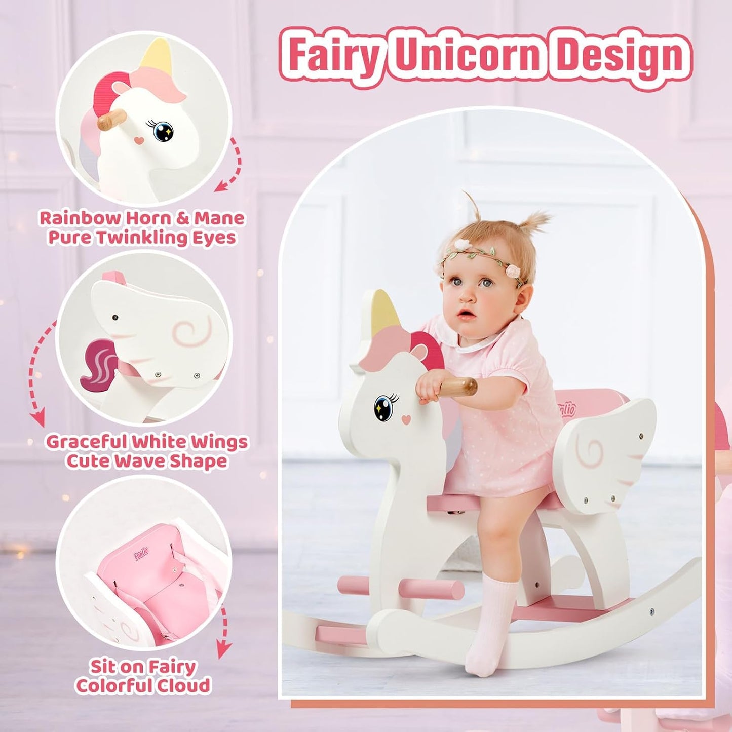 FUNLIO Cavallo a dondolo in legno a forma di unicorno, età 0,5-3 anni, grazioso cavallo a dondolo per bambini con cintura di sicurezza e schienale, facile da montare, giocattolo da cavalcare per bambini, certificato CPC e CE - Rosa