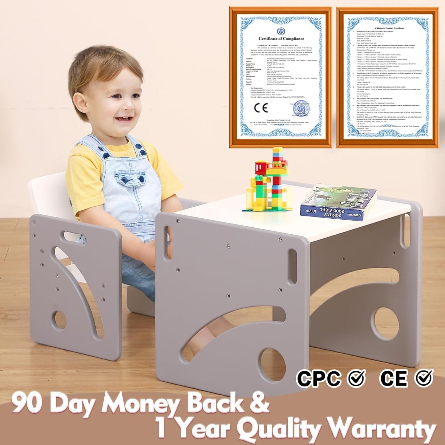 FUNLIO Set tavolo e sedia per bambini da 1 a 3 anni, regolabile in altezza, in legno massello di qualità Montessori, per lo svezzamento, facile da montare, certificato CPC - Grigio