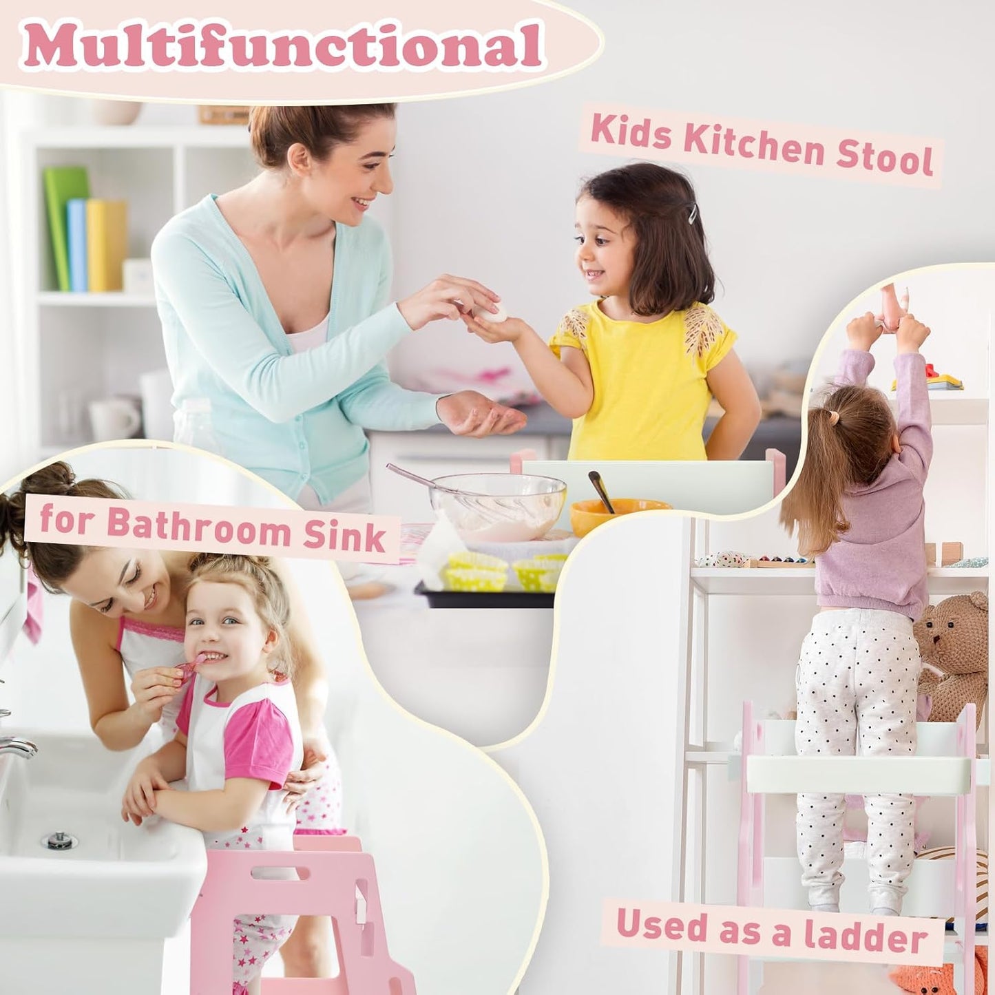 Torre per bambini FUNLIO con rete di sicurezza, sgabello da cucina per bambini, sgabello regolabile in altezza a 3 livelli, torre Montessori per bambini, facile da montare, approvato CPC - Rosa