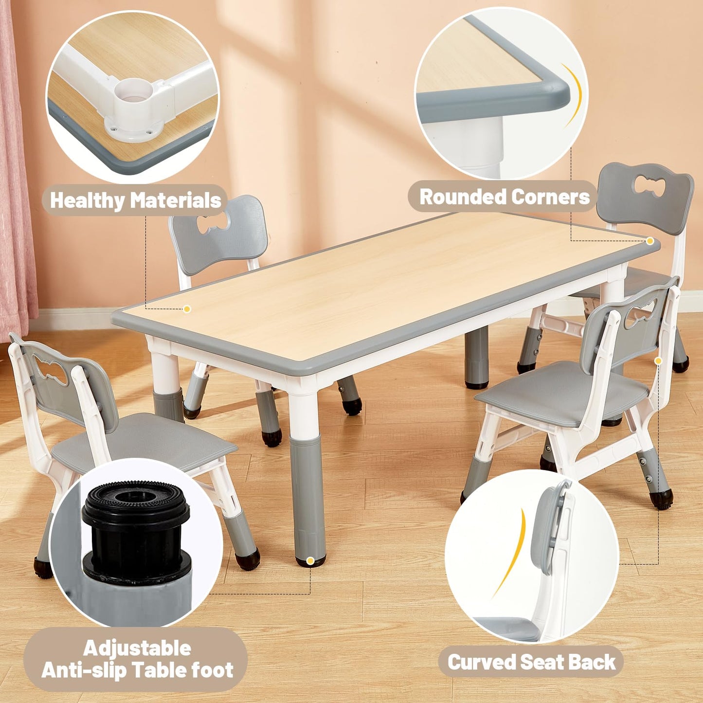 FUNLIO Kids Table and 4 Chairs Set for Ages 3-8