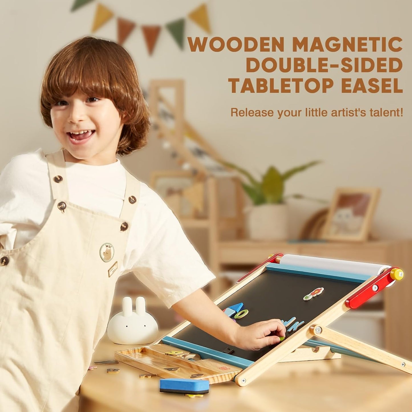 Cavalletto da tavolo antideformazione FUNLIO per bambini dai 3 anni in su (oltre 100 pezzi), cavalletto da tavolo magnetico bifacciale in legno con 3 angoli regolabili, cavalletto per bambini con lavagna bianca, lavagna e rotolo di carta, pieghevole - Blu