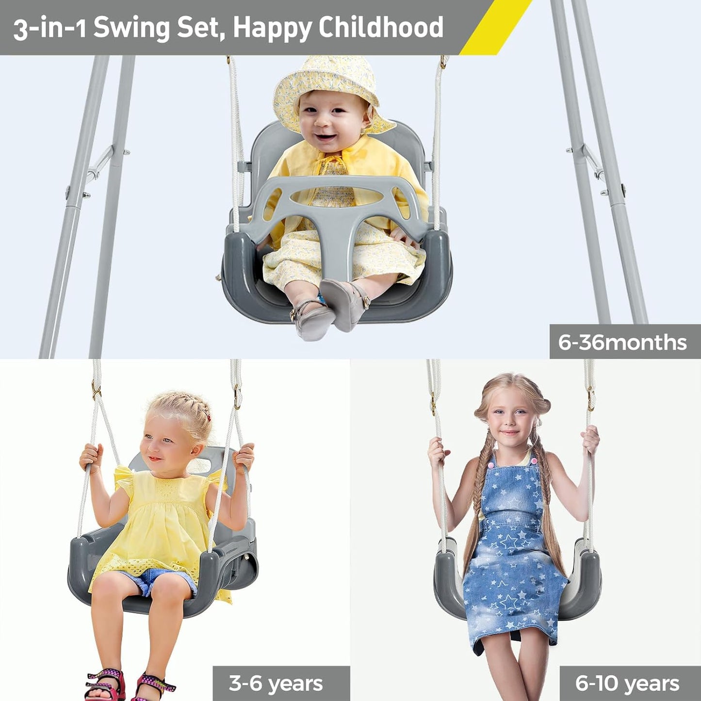 FUNLIO 3-in-1 Toddler Swing Set with 4 Sandbags, Indoor/Outdoor Baby Swing with Foldable Metal Stand, Kids Swing Set for Backyard, Clear Instructions, Easy to Assemble & Store, Grey