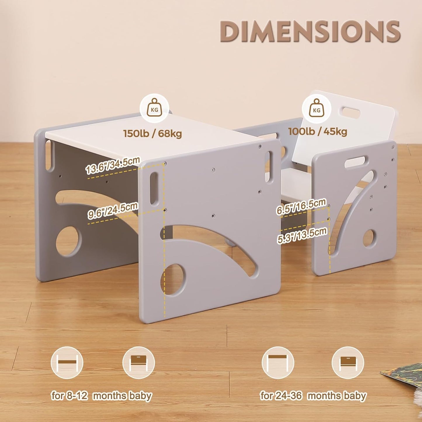 FUNLIO Set tavolo e sedia per bambini da 1 a 3 anni, regolabile in altezza, in legno massello di qualità Montessori, per lo svezzamento, facile da montare, certificato CPC - Grigio