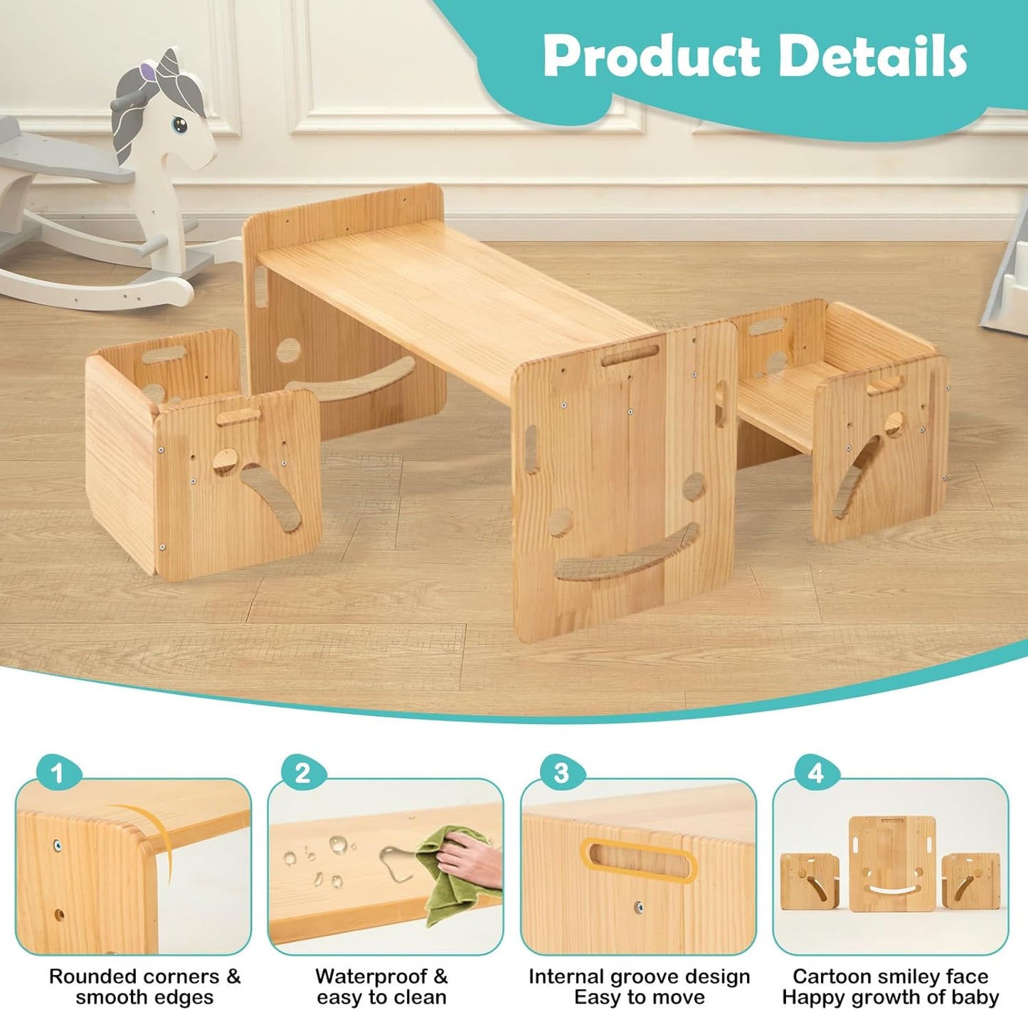 FUNLIO Set tavolo e sedie per bambini da 1 a 3 anni, regolabile in altezza, in legno massello di qualità, con 2 sedie Montessori, per leggere/mangiare/giocare, certificato CPC (set da 3 pezzi)