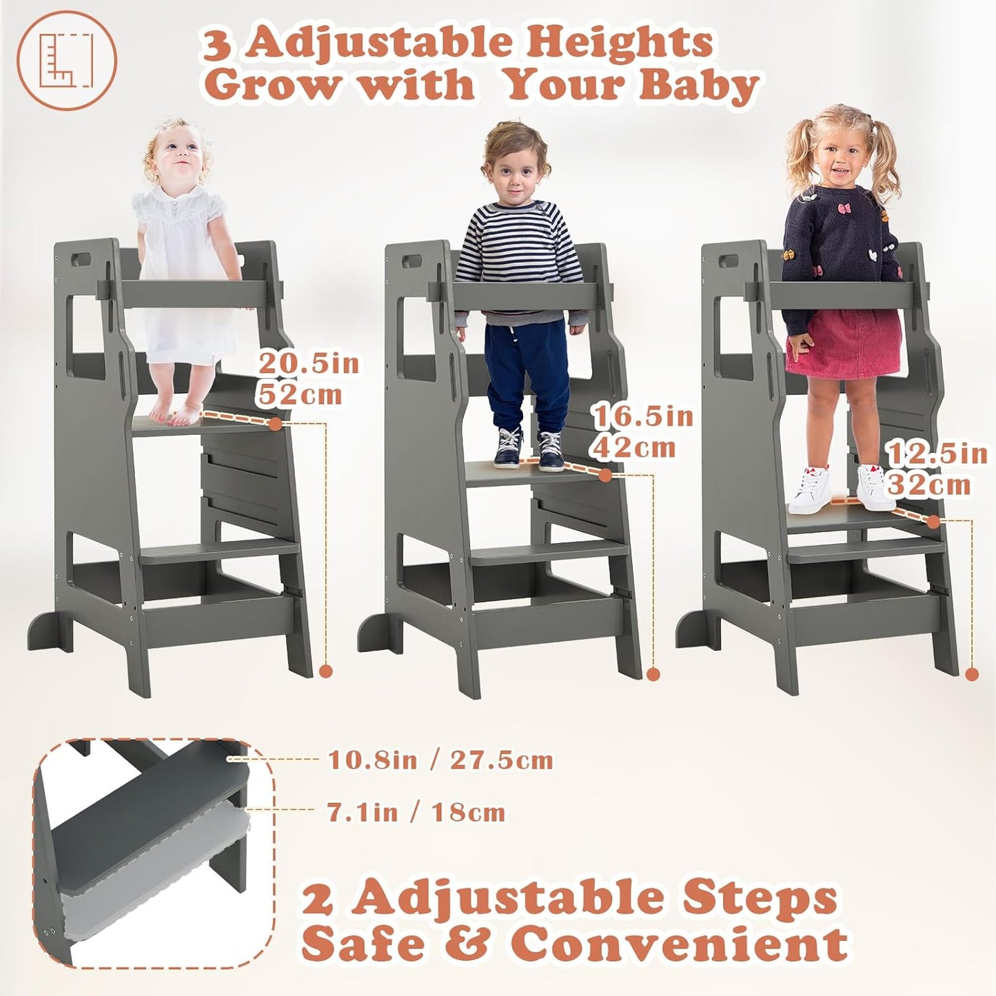 FUNLIO - Torre per bambini con rete di sicurezza, sgabello da cucina per bambini, sgabello regolabile in altezza a 3 livelli, torre Montessori per bambini, facile da montare, approvato CPC - Grigio