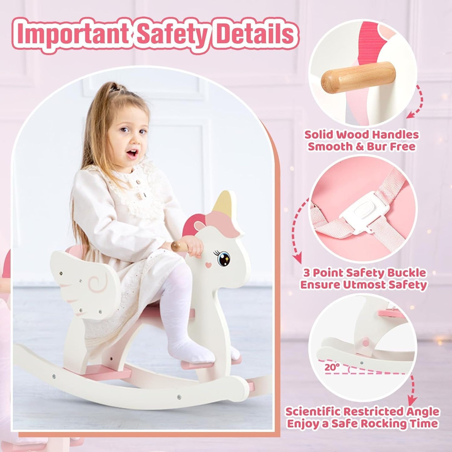 FUNLIO Cavallo a dondolo in legno a forma di unicorno, età 0,5-3 anni, grazioso cavallo a dondolo per bambini con cintura di sicurezza e schienale, facile da montare, giocattolo da cavalcare per bambini, certificato CPC e CE - Rosa