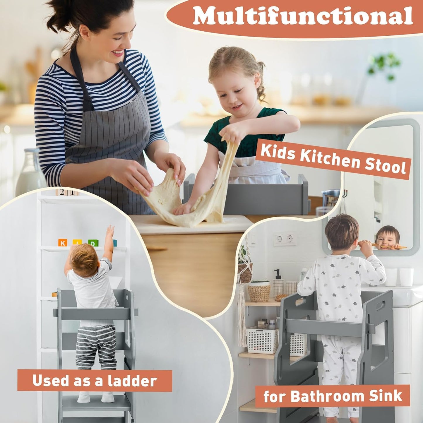 FUNLIO - Torre per bambini con rete di sicurezza, sgabello da cucina per bambini, sgabello regolabile in altezza a 3 livelli, torre Montessori per bambini, facile da montare, approvato CPC - Grigio