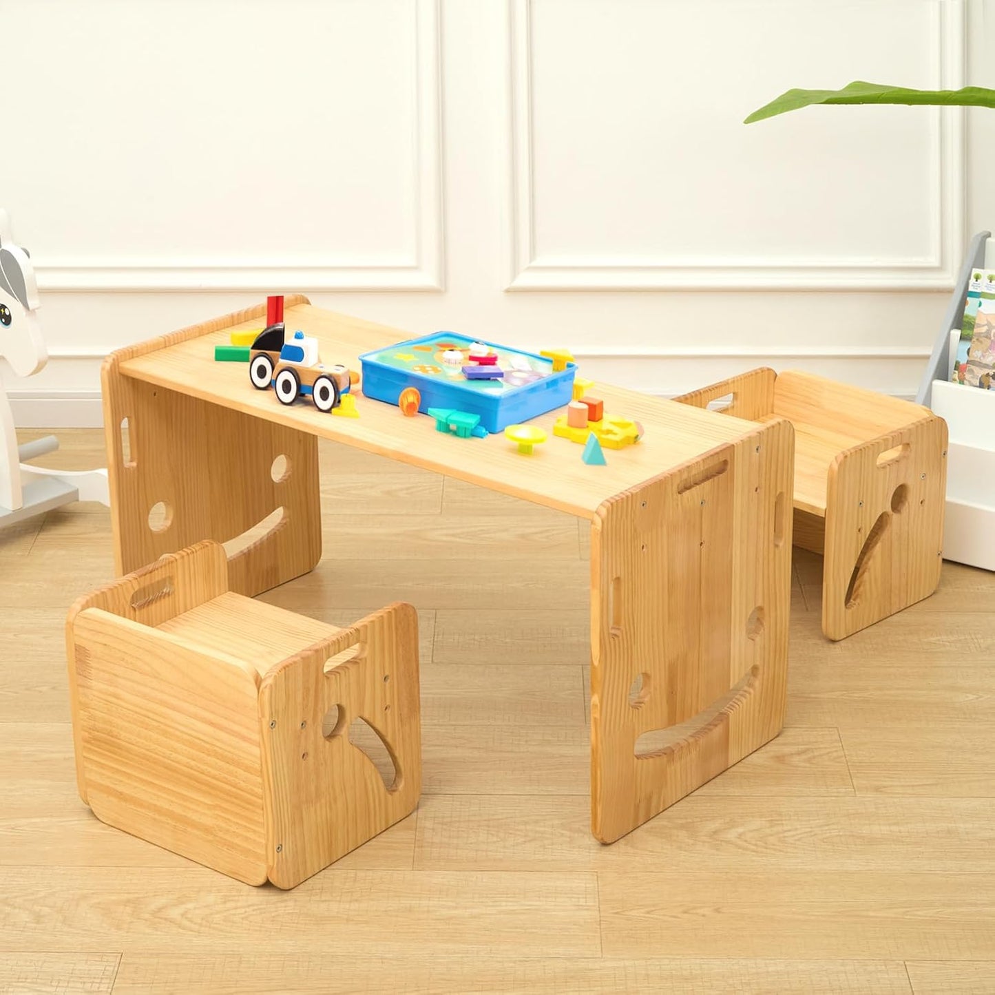 FUNLIO Set tavolo e sedie per bambini da 1 a 3 anni, regolabile in altezza, in legno massello di qualità, con 2 sedie Montessori, per leggere/mangiare/giocare, certificato CPC (set da 3 pezzi)
