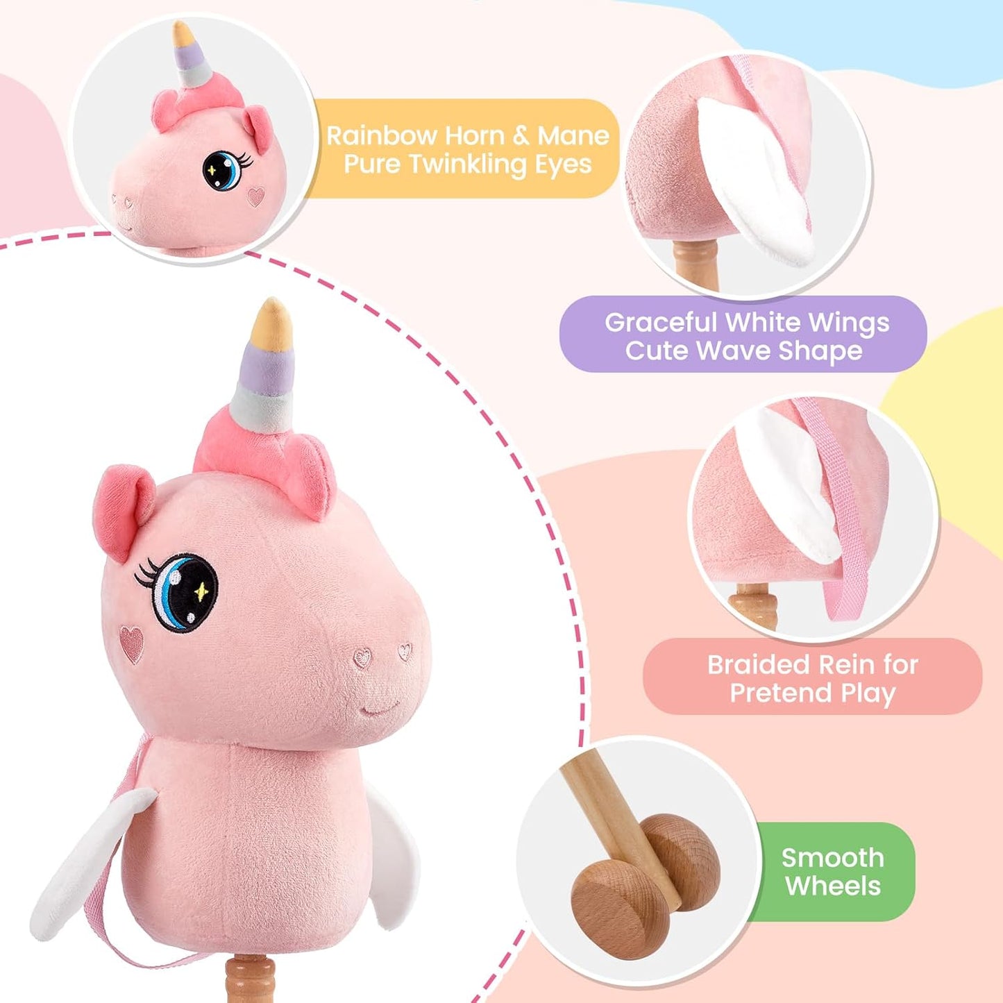 FUNLIO Unicorn Stick Horse for Kids 3+, Rainbow Fairy Hobby Horse with Soft Plush & Wood Wheels, Neighing and Galloping Sound for Pretend Play & Creativity, Horse Toys Gift, CPC & CE Certified - Pink