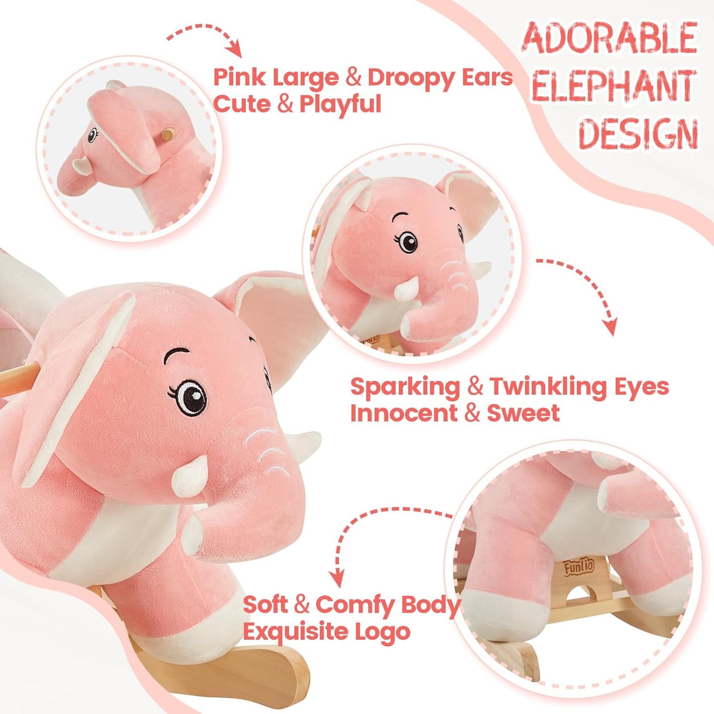 FUNLIO Elephant Baby Rocking Horse for Toddlers 6 Months to 3 Years - Pink