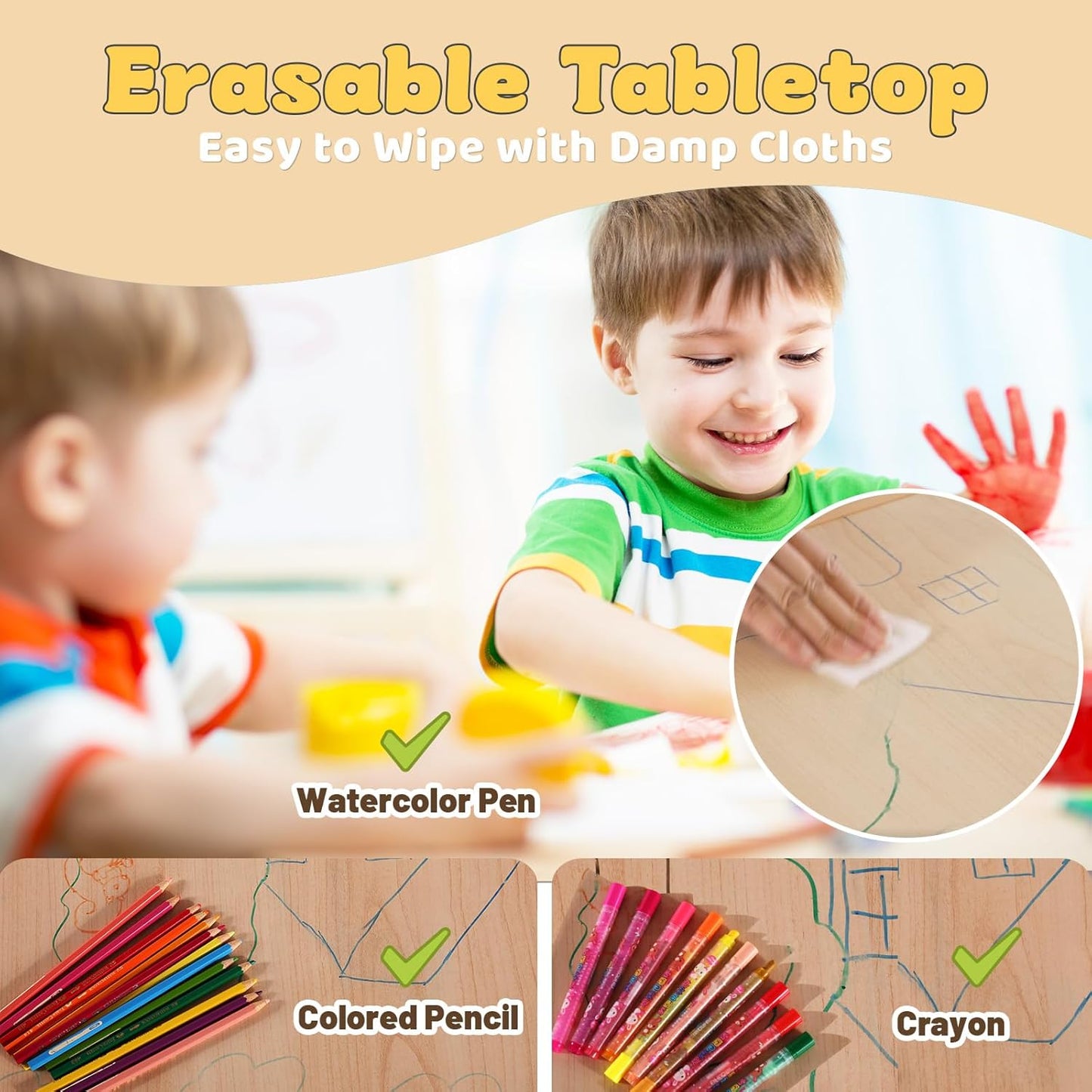 FUNLIO Set tavolo e 4 sedie per bambini dai 3 agli 8 anni, tavolo e sedie regolabili in altezza, tavolo per attività artistiche e artigianali facile da pulire, per aule/case/asili nido, approvato CPC e CE (set da 5 pezzi) - Multicolore
