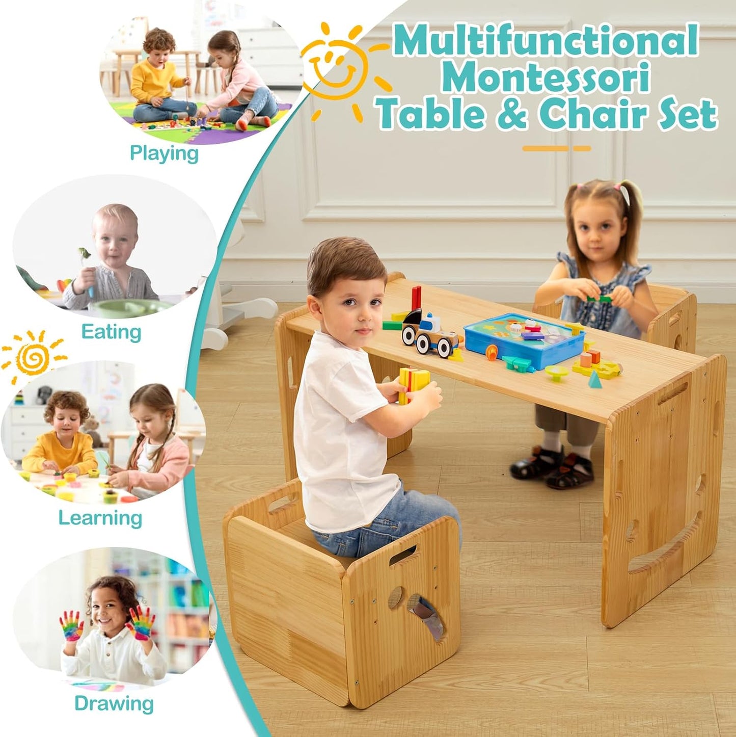 FUNLIO Set tavolo e sedie per bambini da 1 a 3 anni, regolabile in altezza, in legno massello di qualità, con 2 sedie Montessori, per leggere/mangiare/giocare, certificato CPC (set da 3 pezzi)