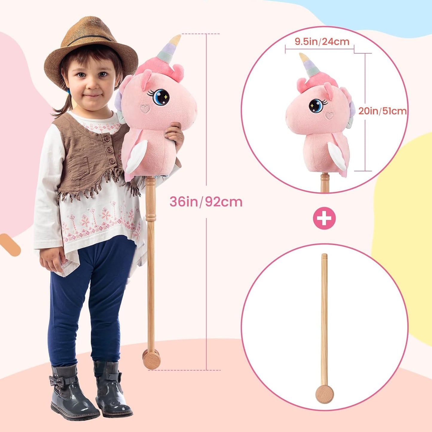 FUNLIO Unicorn Stick Horse for Kids 3+, Rainbow Fairy Hobby Horse with Soft Plush & Wood Wheels, Neighing and Galloping Sound for Pretend Play & Creativity, Horse Toys Gift, CPC & CE Certified - Pink